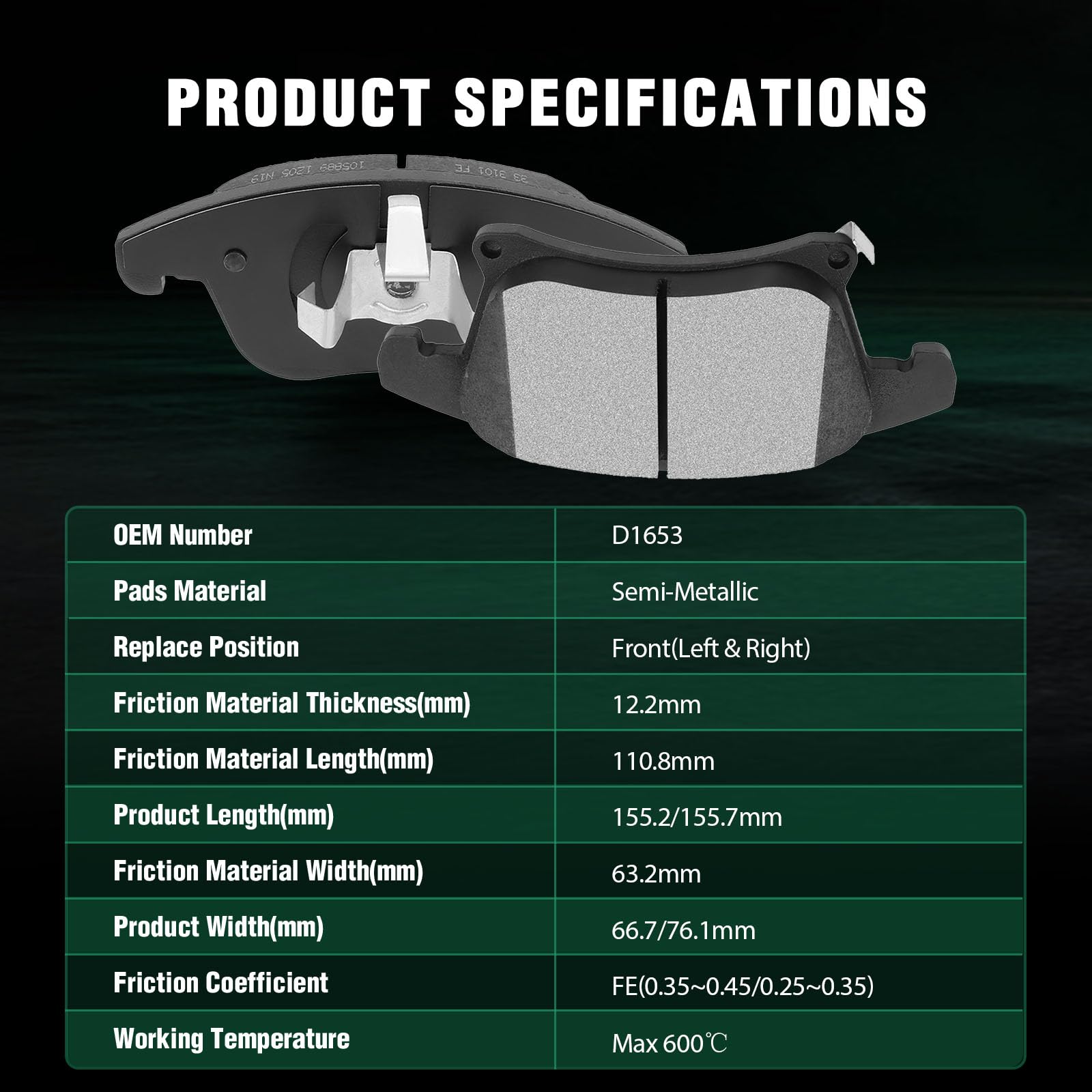 Automuto 4Pcs Front Semi-Metallic Disc Brake Pads Set D1653 For Ford For Fusion 2013-2017 2019-2020,For Lincoln Mkz 2013-2020