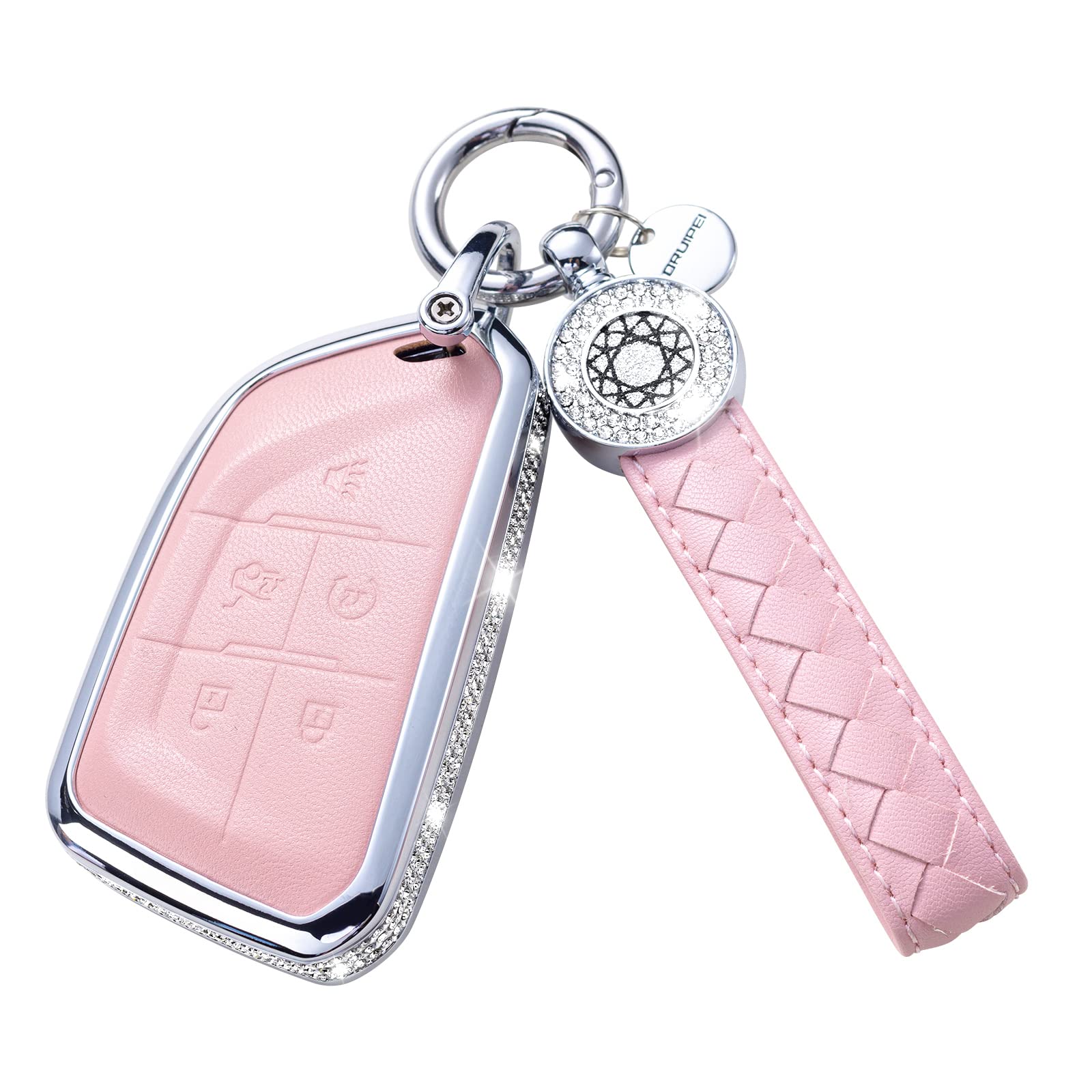 Ruabiban For 2021 Cadillac Escalade Key Fob Cover With Keychain, Pink Genuine Leather Crystal Key Case Protection Shell Compatib