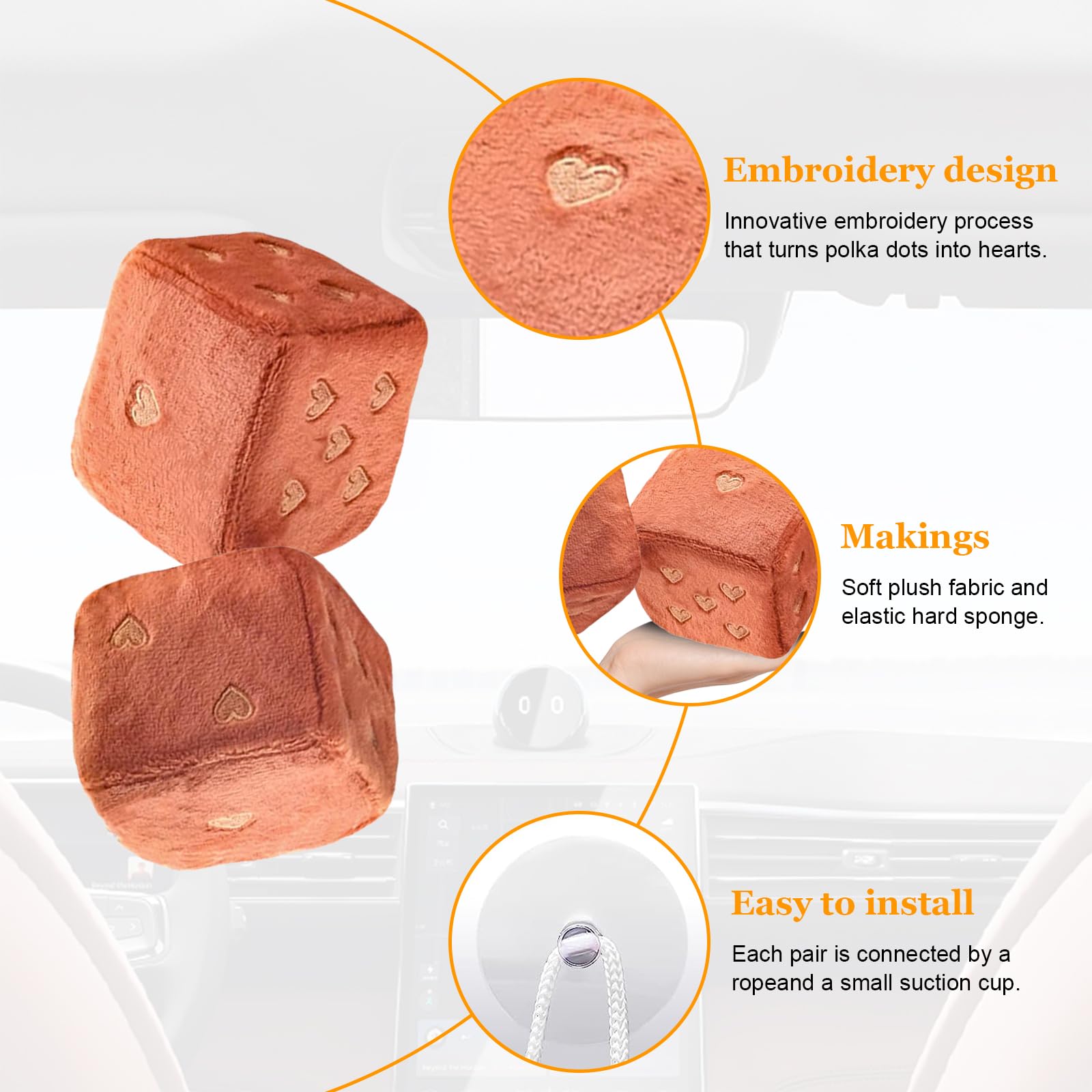 Ziciner Pair Fuzzy Plush Dice for Car Mirror, 3'' Retro Square Dice with Heart-Shape, Auto Rearview Mirror Hanging Ornament Deco