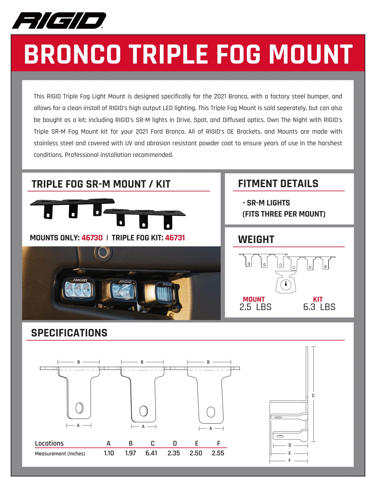 Rigid 46730 Triple Fog Bumper Mount Fits 2021 Ford Bronco Full Size, Compatible With Up To Three Sr-M Series Light Pods (Light N