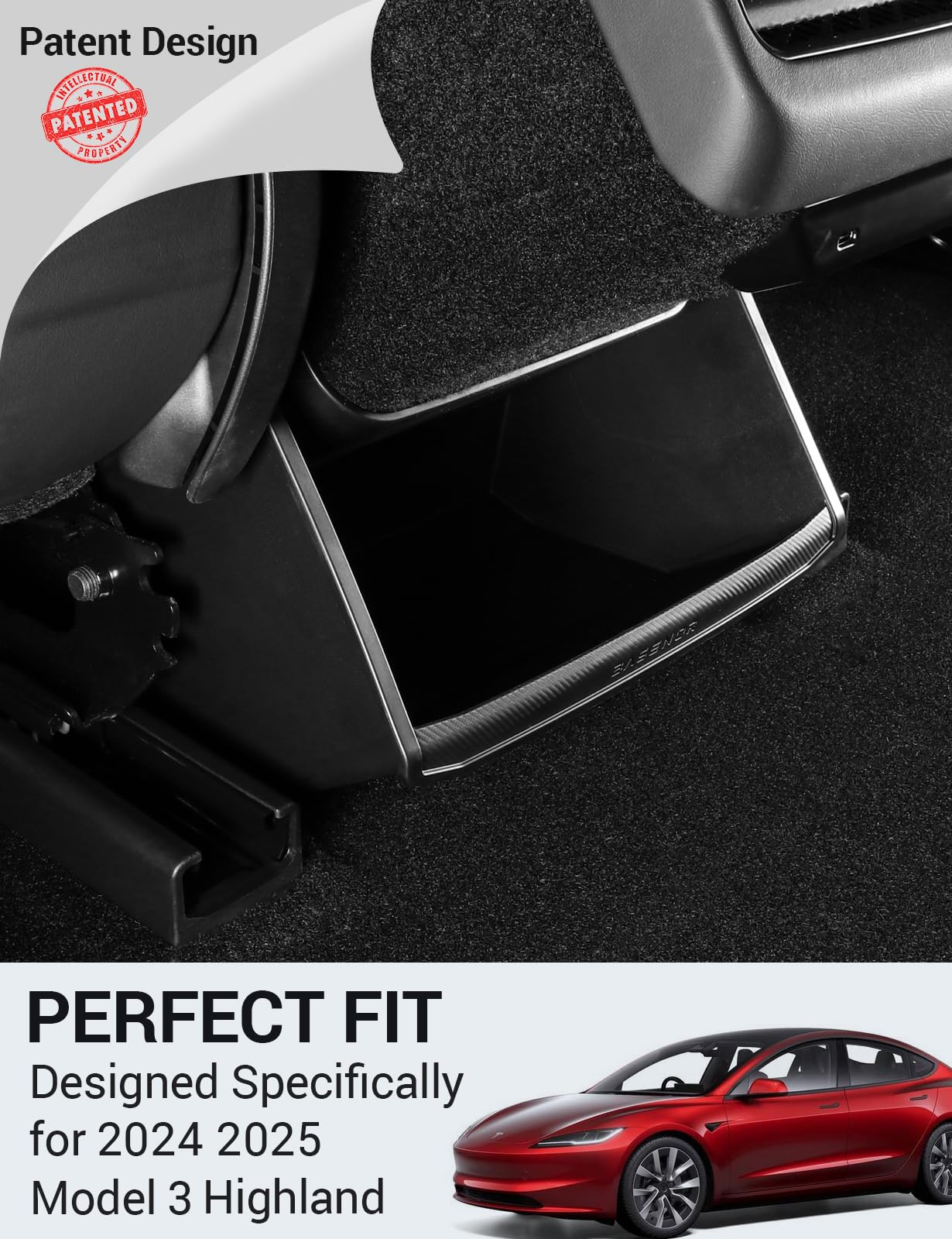 Basenor 2024 2025 Tesla Model 3 Rear Trash Can Center Console Organizer [Carbon Edition] Backseat Storage Box Rear Middle Bin 2N