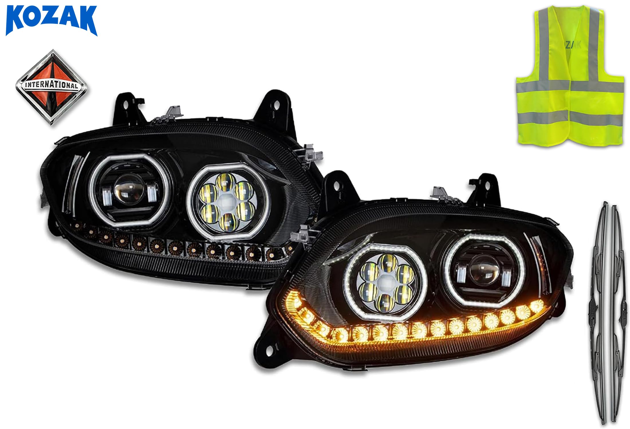 Kozak Black Led Projector Headlights With Turn Signal Position And Running Light 12V Driver And Passenger (Right And Left Side) For International Lt Lt625 2018-2021 Plus Logo, 2X 22 Wipers, Vest