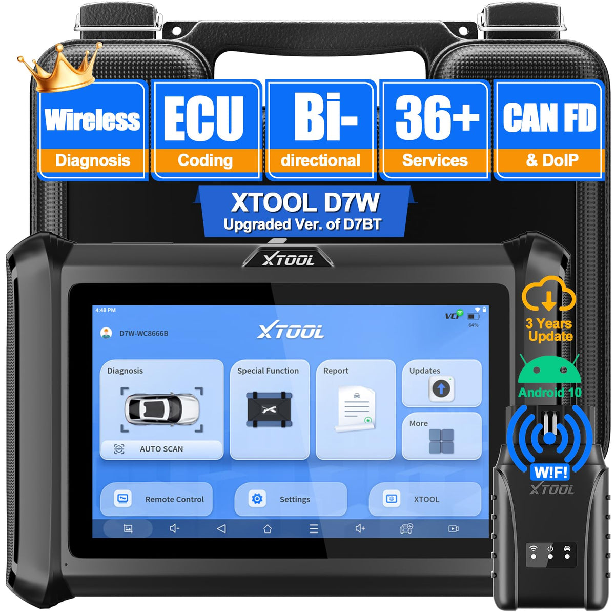 Bidirectional Scan Tool Xtool D7W: Wireless Ver. Of D7/D7S Scanner With 3-Year Updates, Ecu Coding, Can Fd&Doip, 36+ Resets, Key