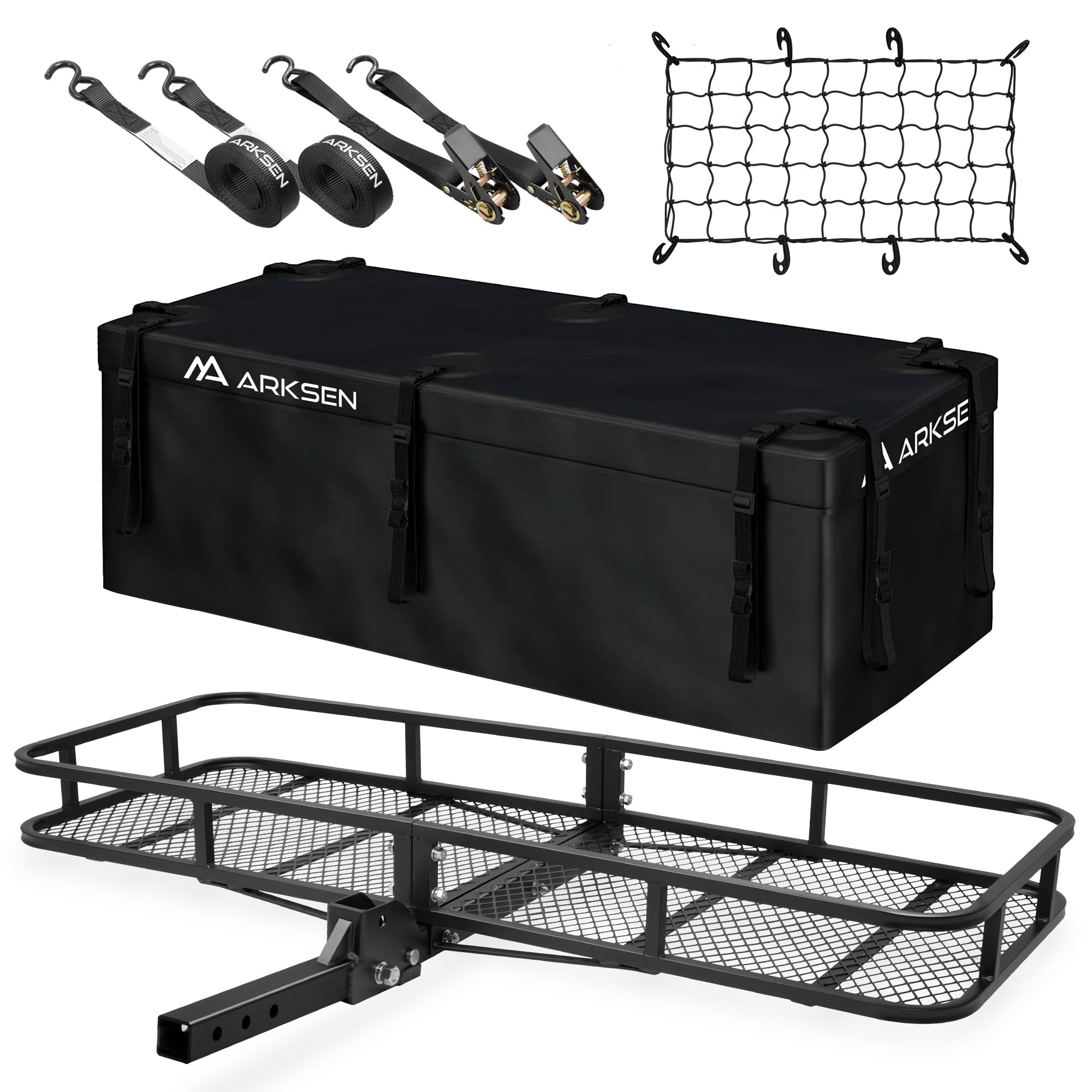 Arksen 60 X 23 X 5.5 Inch Folding Hitch Cargo Carrier With 500D Pvc Waterproof Cargo Bag & Net, 2 Ratchet Straps, 500 Lbs Capaci