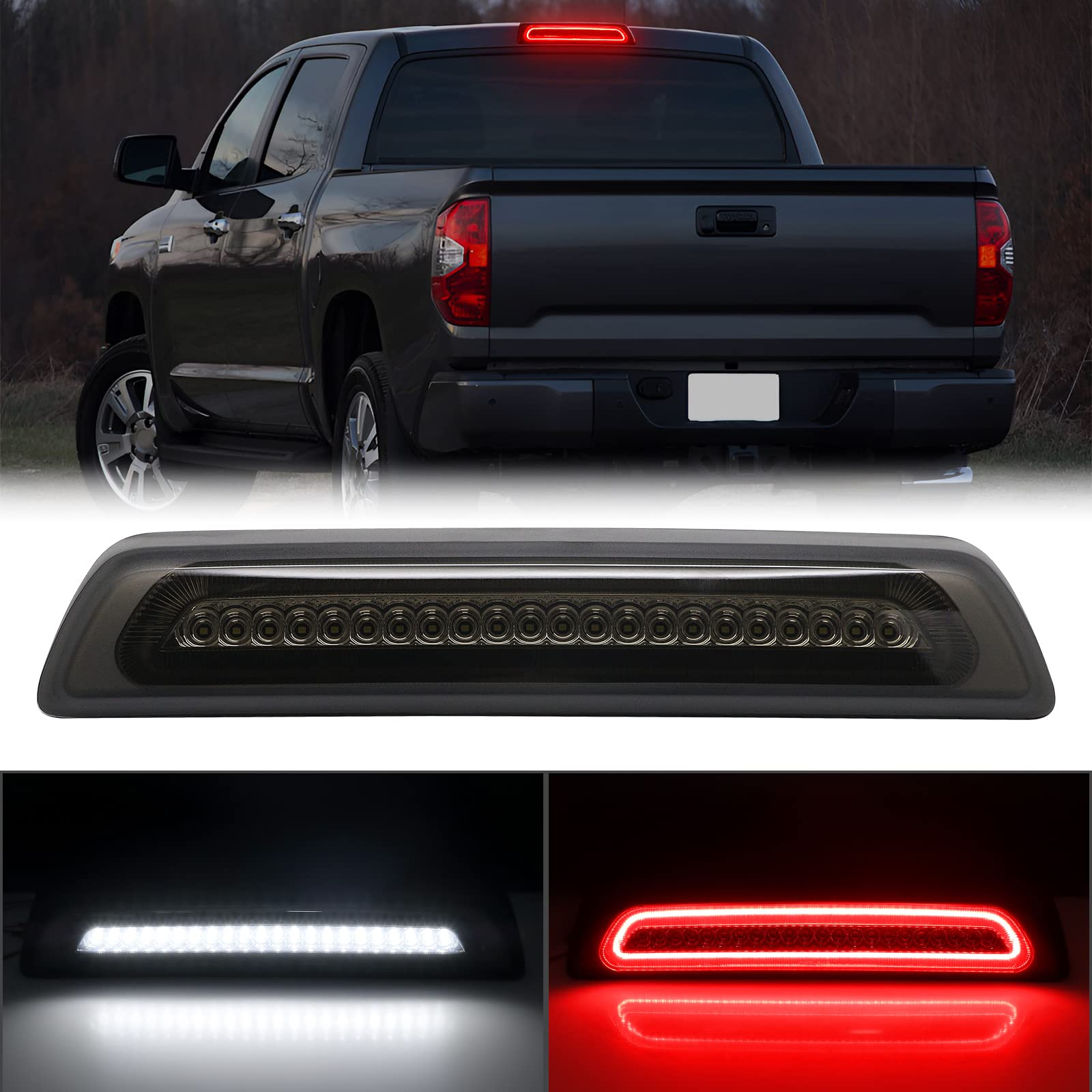 R&F Auto F1 Style Strobe Led Smoked Lens Third Brake Light Replacement For Tundra 2007-2021 Roof Cargo Light Pickup Trucks Chmsl Center High Mount Stop Lamp, Replace Oem# 81570-0C050, 81570-0C051
