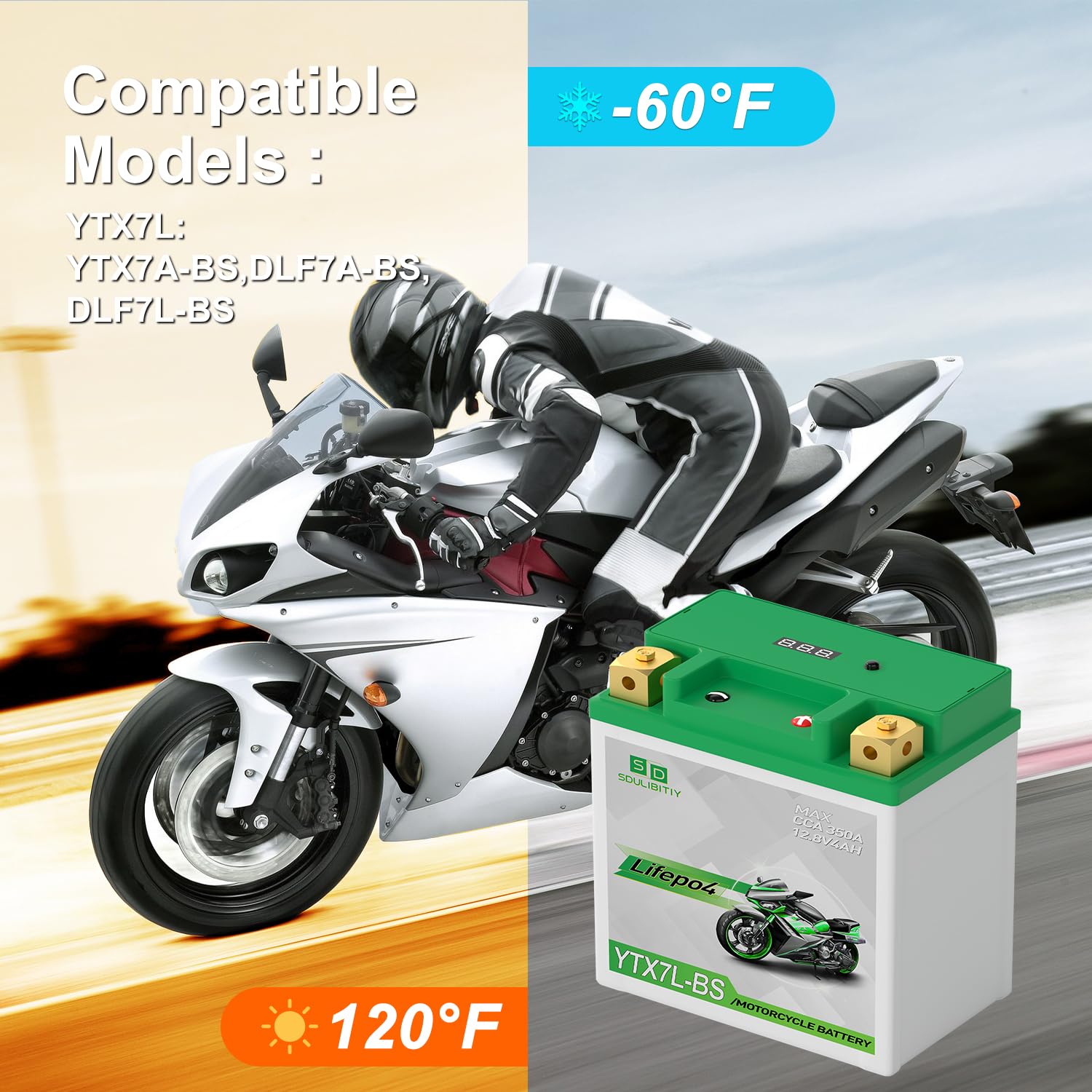 YTX7L-BS Motorcycle Battery Lithium LiFePO4 12V 4Ah 300A Powersports Battery Replaces YTX5L-BS YTZ7S-BS YTX4L-BS YTZ5S-BS for AT