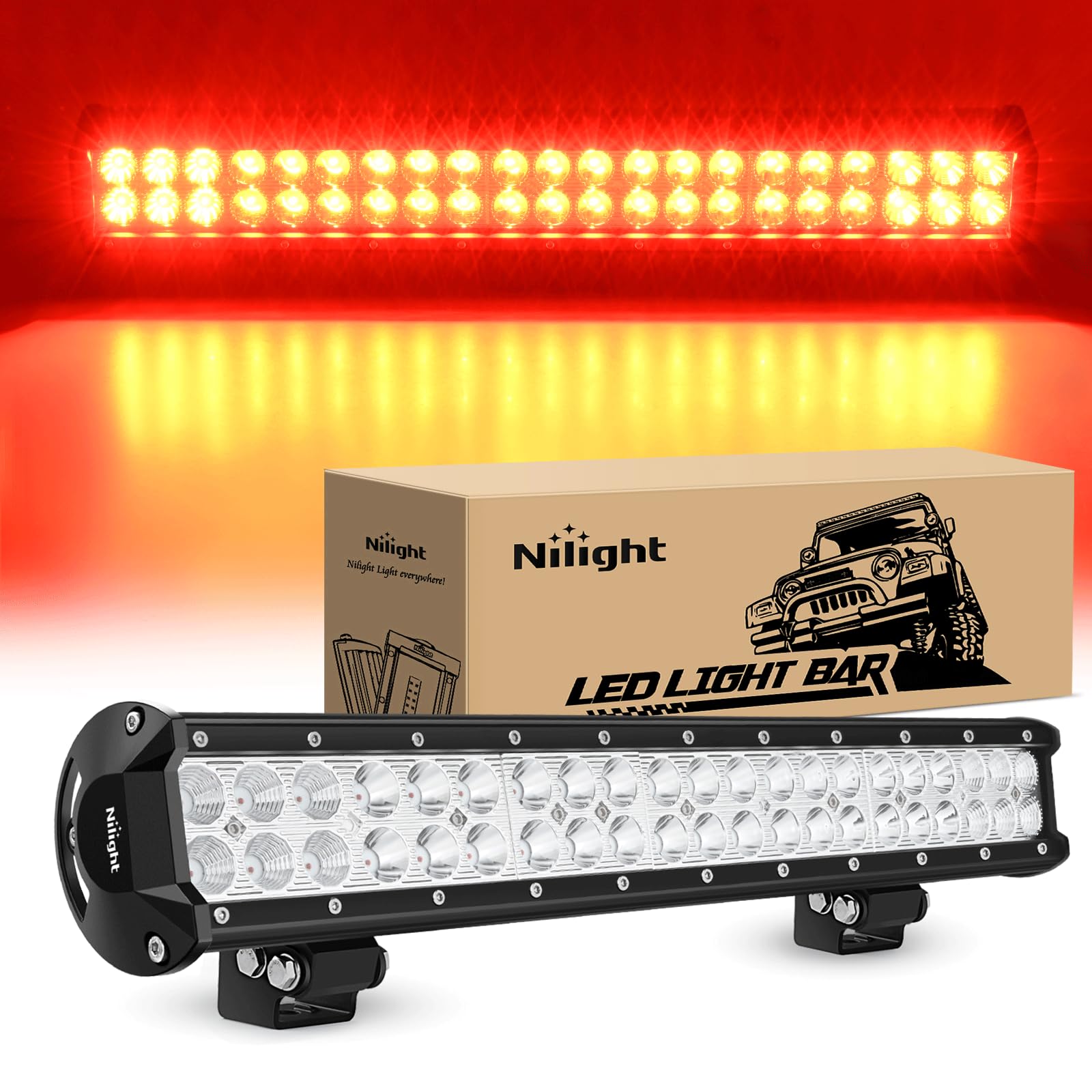 Nilight Led Light Bar 20 Inch 126W Spot Flood Combo Red Beam Off Road Lamp Fishing Hunting Emergency Deck Work Lighting For Truc