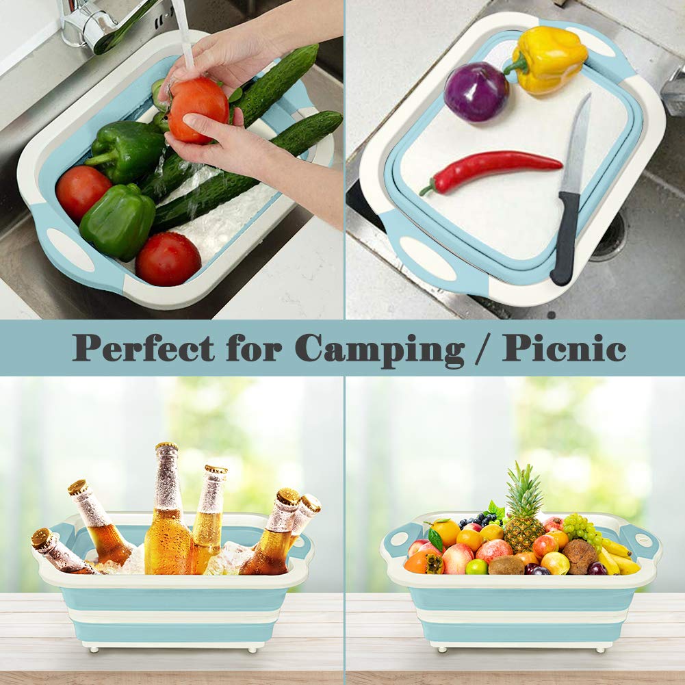 ROTTOGOON Collapsible Cutting Board - Foldable Chopping Board with Colander, Light Blue Silicone Dish Tub for BBQ, Picnic, Camping