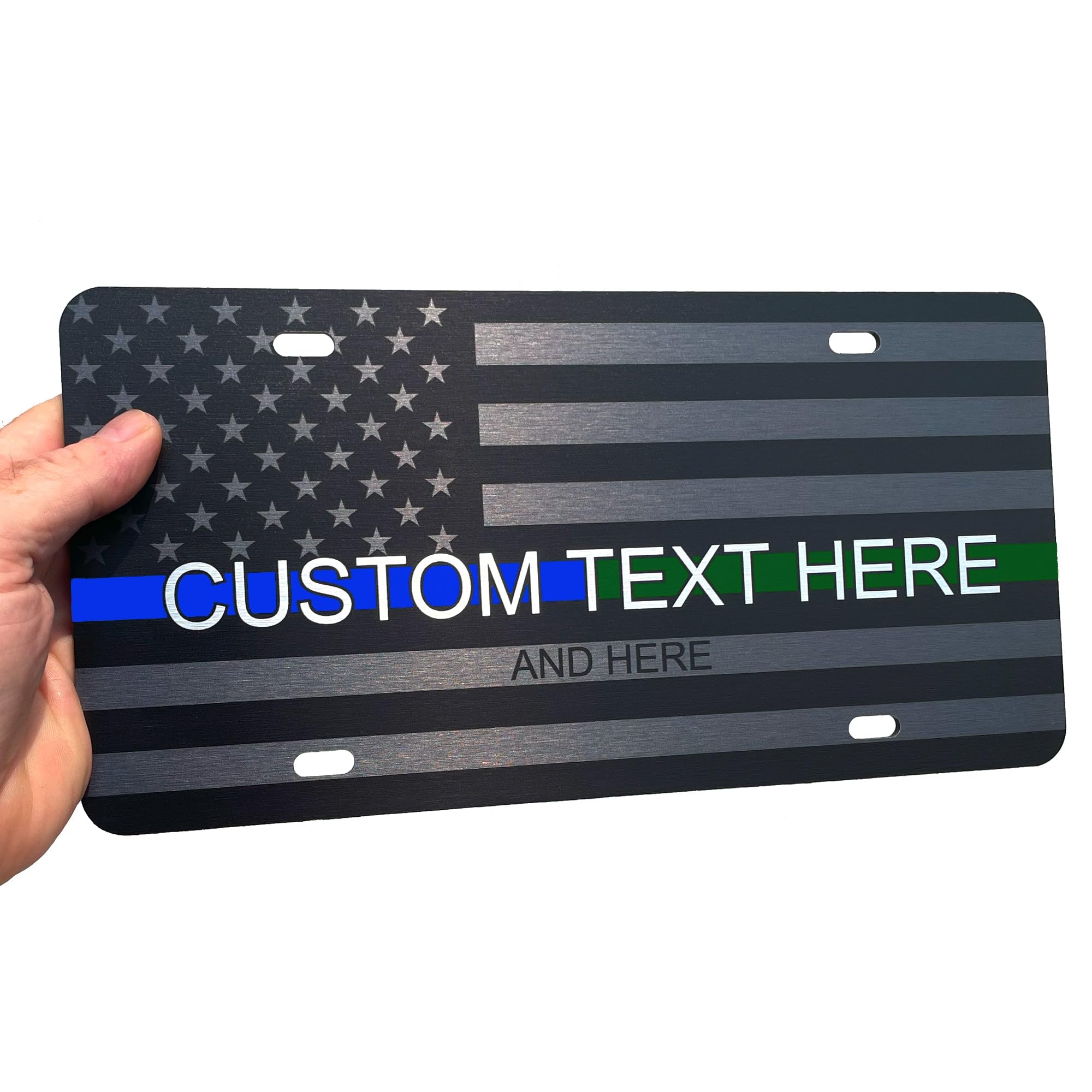 Jass Graphix Custom Half Blue Half Green Line American Flag License Plate - Personalized Support For Law Enforcement And Militar