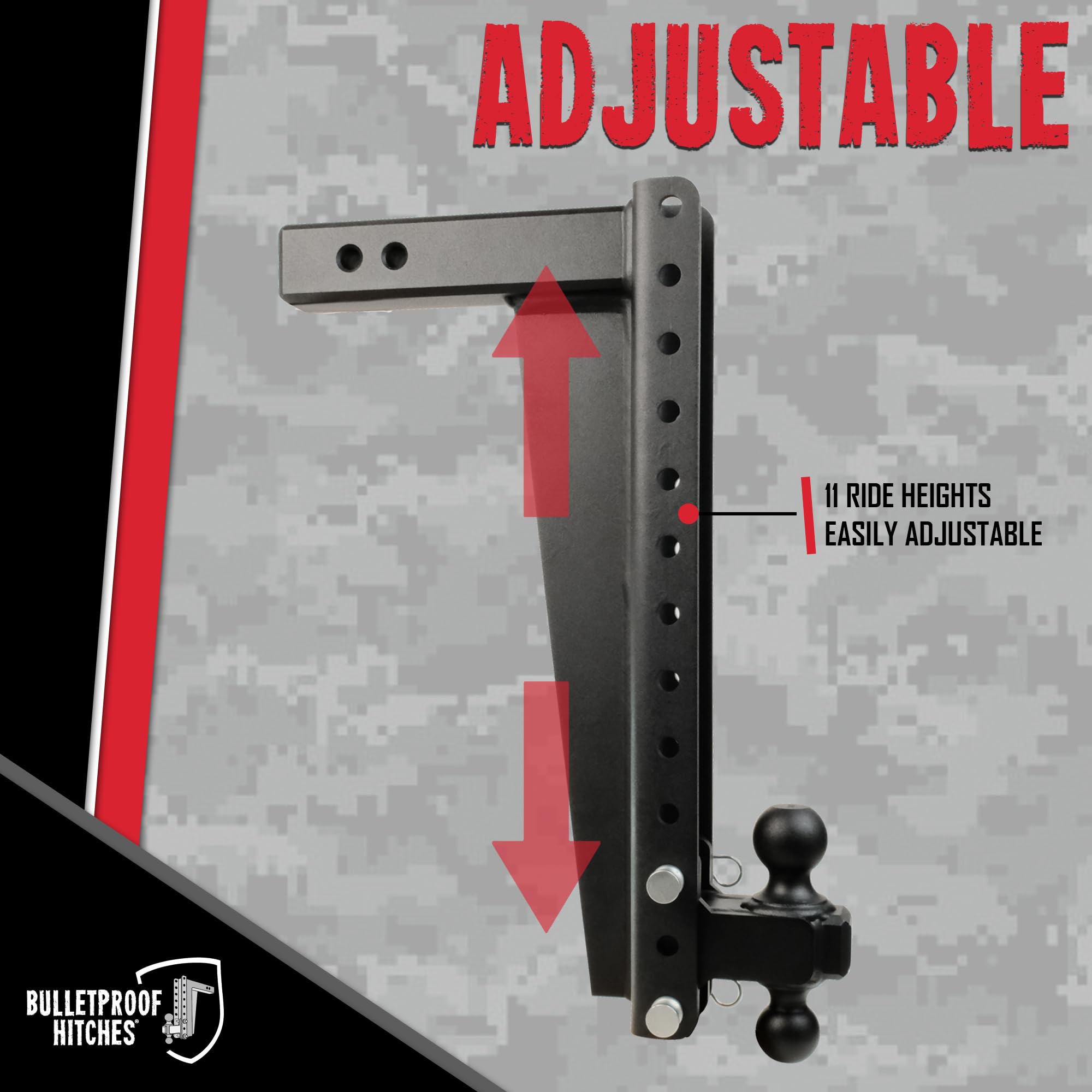 Bulletproof Hitches - 2.5'' Adjustable Heavy Duty Trailer Hitch (22,000 Lb. Rating) - 20'' Drop/Rise Trailer Hitch With 2'' & 2-