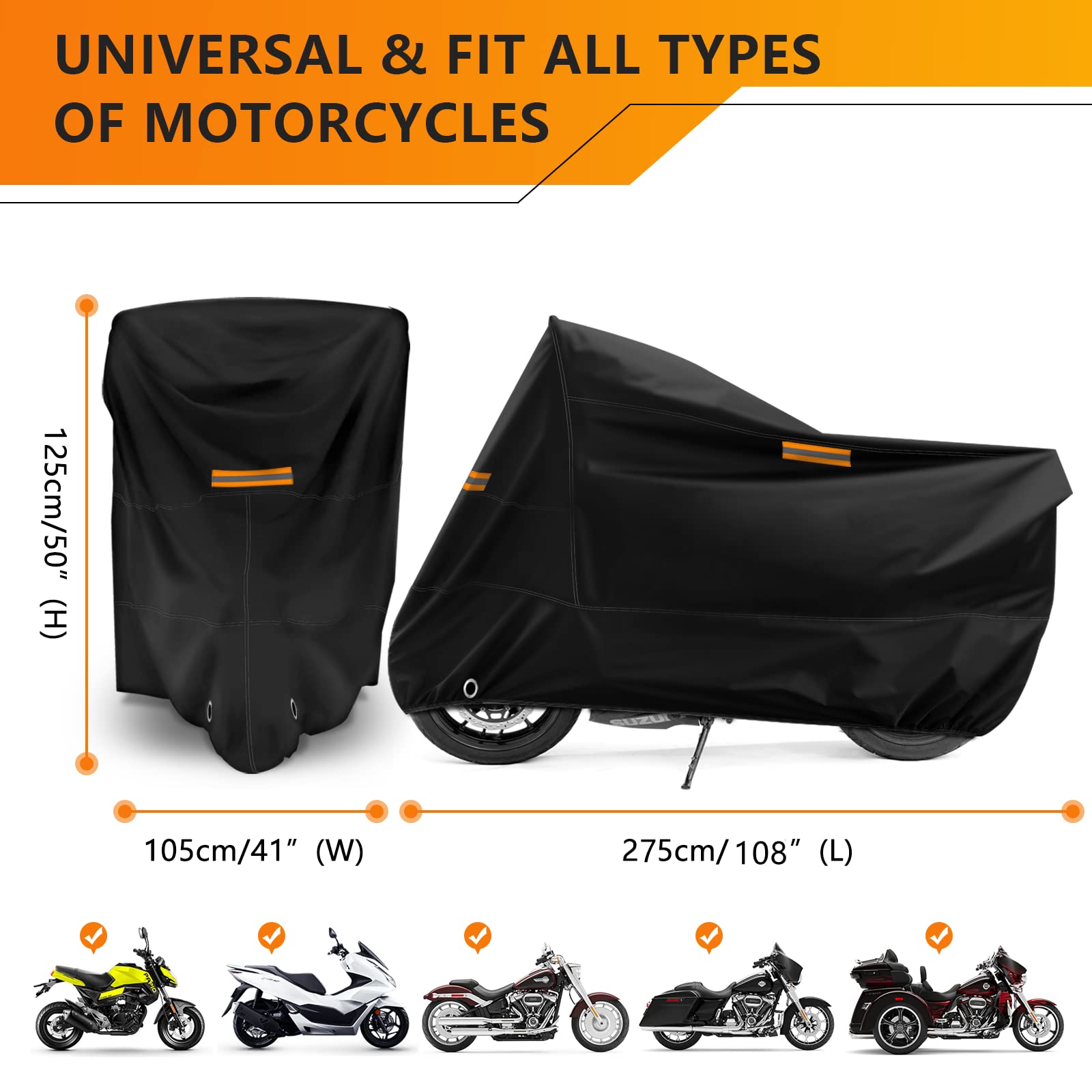 Romgtnn Universal Motorcycle Cover Waterproof Outdoor Storage All Weather Rain Snow Sun Winter All Season Durable With Lockholes Black Oxford 108 Extra Large Harley Davidson Heavy Duty Touring Cover