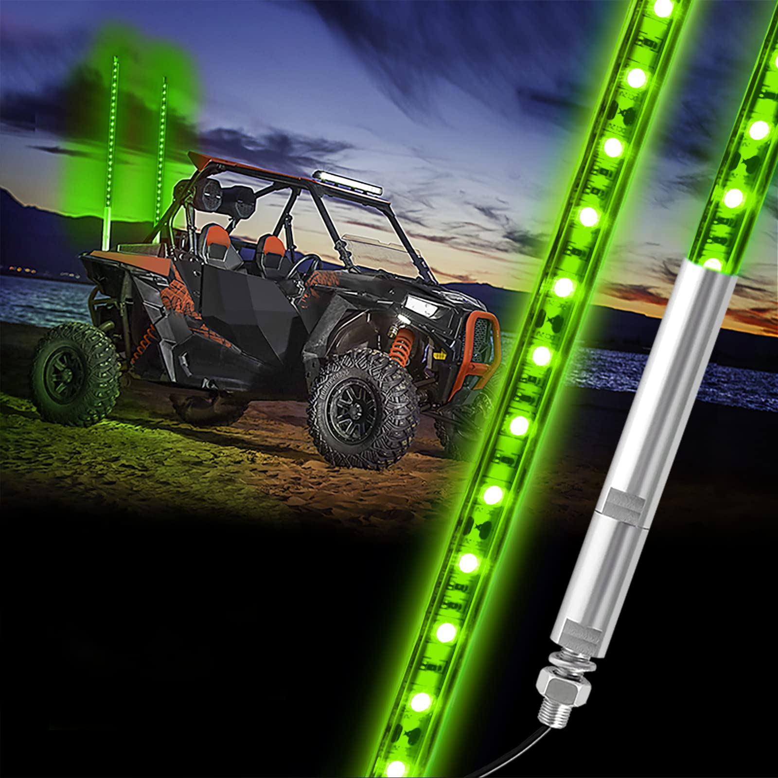 2PCS 1.2M Green LED Whip Light for Truck, BESTZHEYU 4FT ATV UTV LED Whip Light Antenna Whips for RZR Polaris Off-Road Sand Dune 