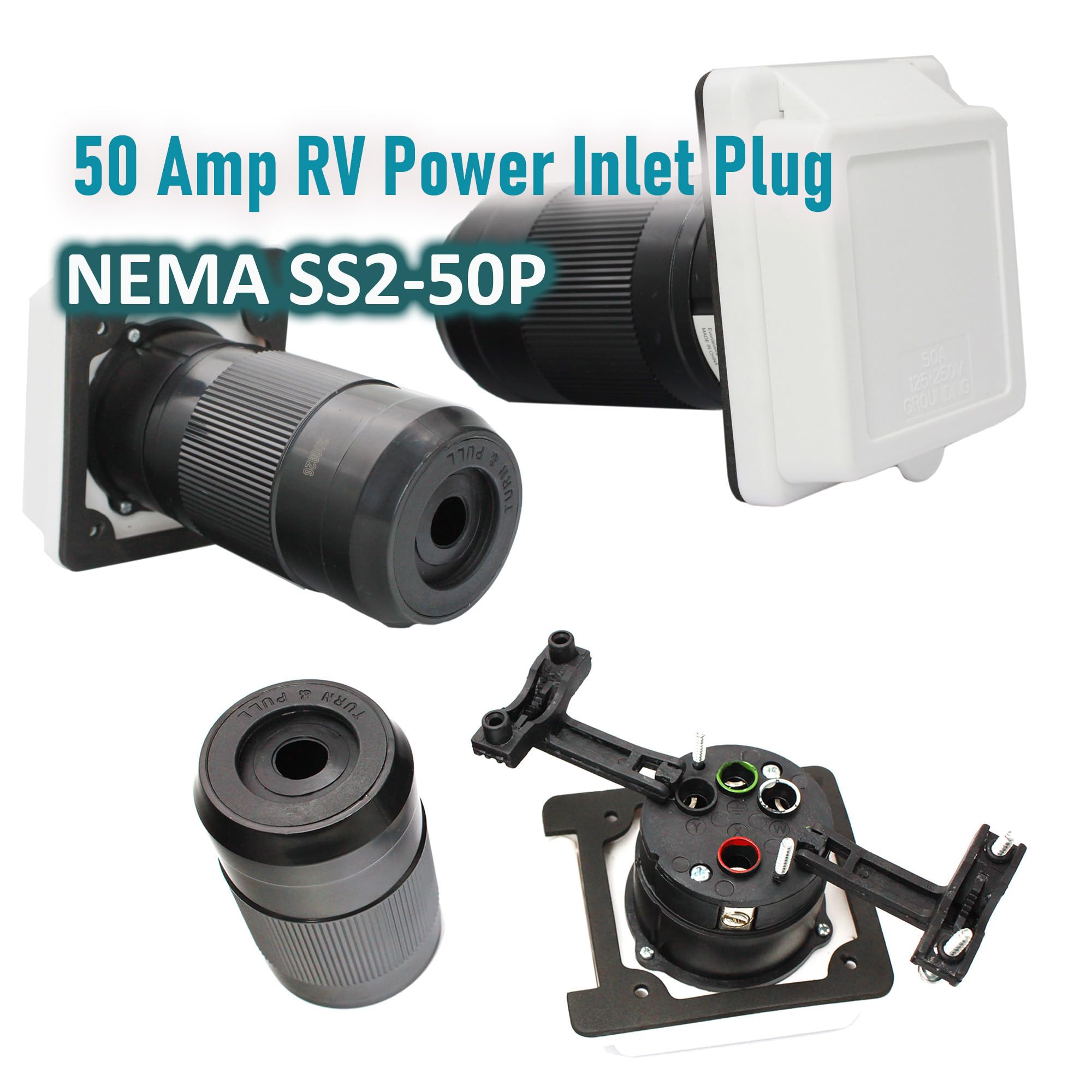 X-Haibei Rv 50 Amp Power Inlet Plug 125V 250V Ac Female Twist Locking Connector White Wiith Rain Proof Boot Kit(50 Amp, White)