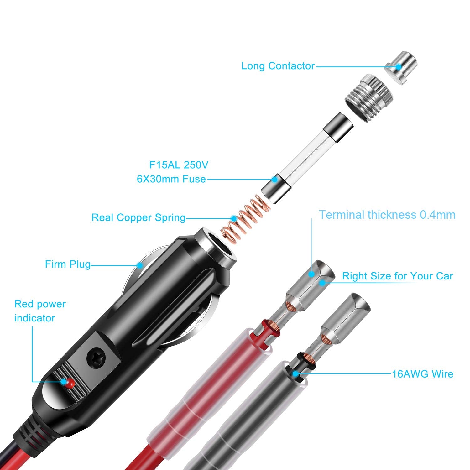 Yonhan Cigarette Lighter Male Plug 12V Fused Replacement 2 Pack, Male Cigarette Lighter Plug Adapter With Leads & Led Light, 12V