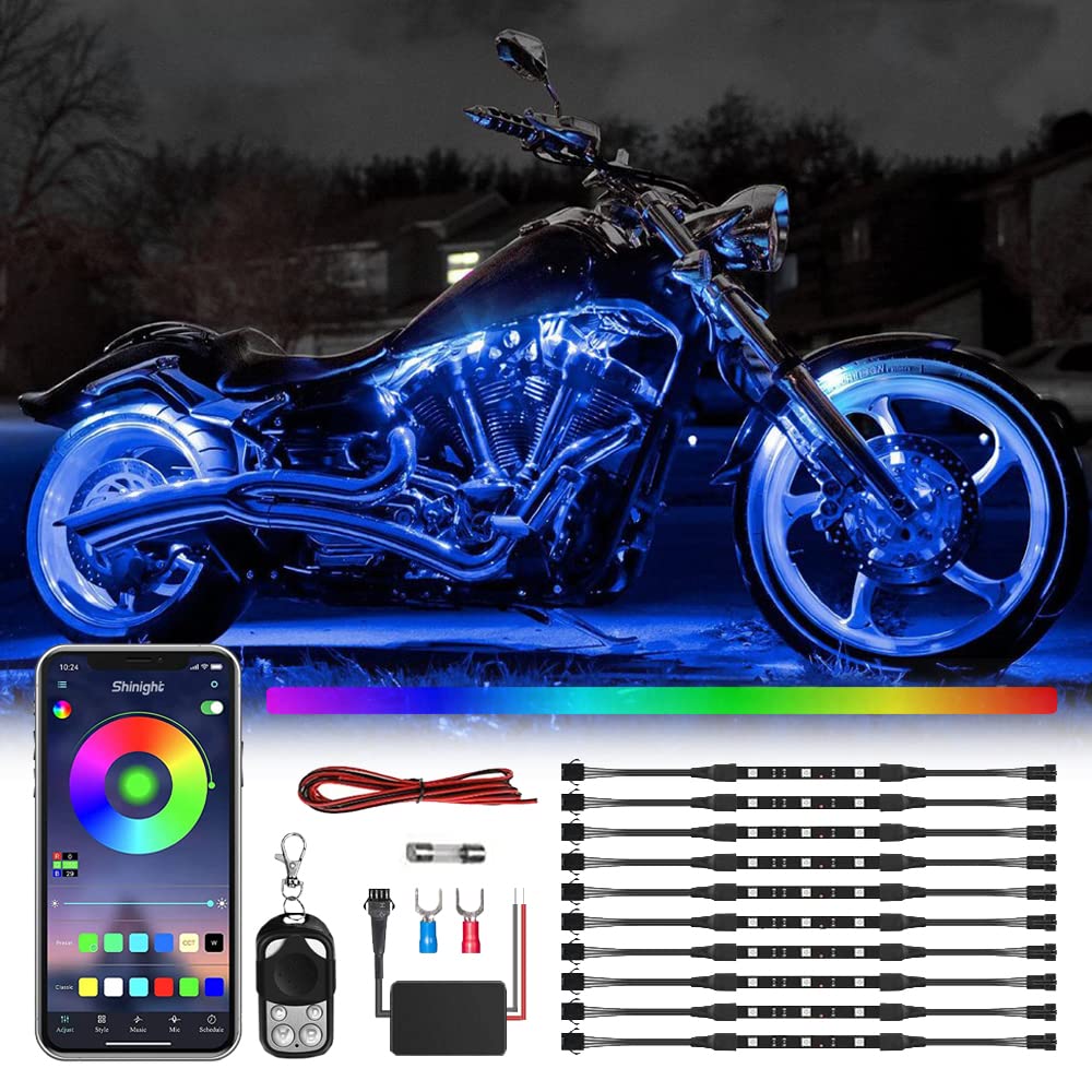 SHINIGHT 10 Pcs Motorcycle LED Light Kits, App Control Multicolor Waterproof Strip Lights with RF Remote, Music Sync & Multiple 