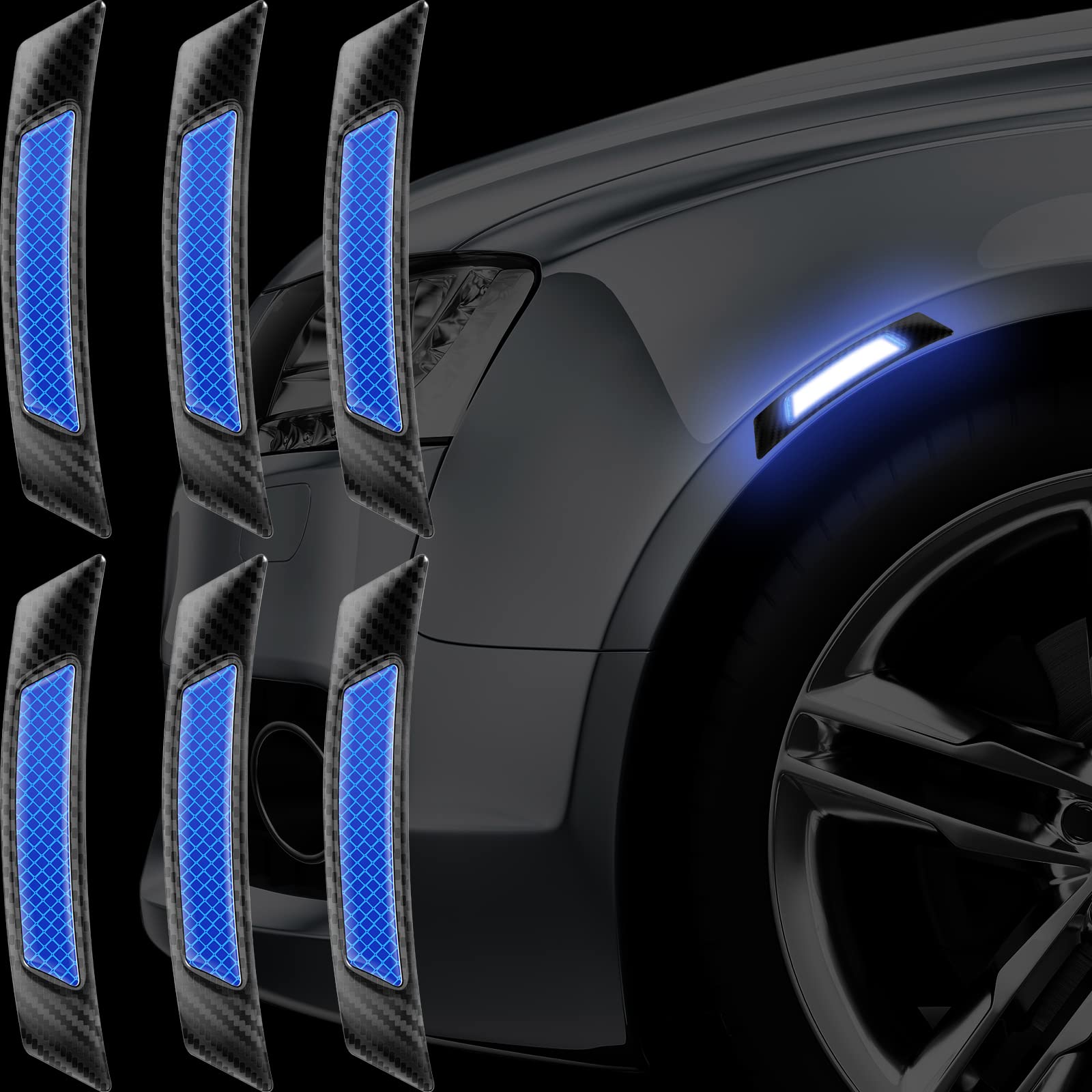 6 Pieces Car Reflective Trim Carbon Fiber Side Marker Stickers Automotive Exterior Accessories Door Reflector Guard For Car Suv Pickup Truck Wheel Well Arch Or Side Bumper Fenders (Black And Blue)