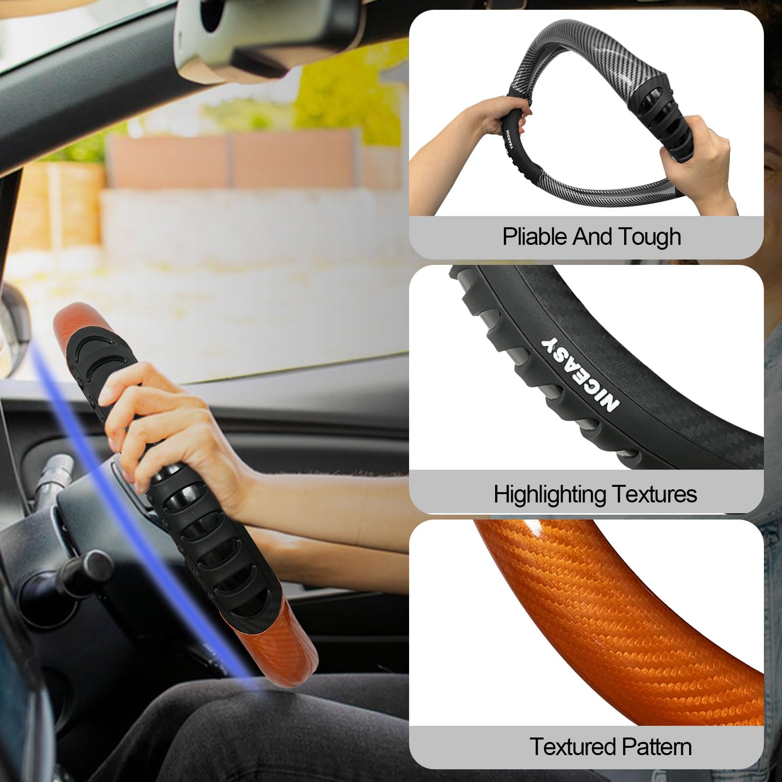 NICEASY Sport Style Orange Leather Steering Wheel Cover, Black Sport Grip Steering Wheel Accessory,Universal Fit 14.5-15.25 inch