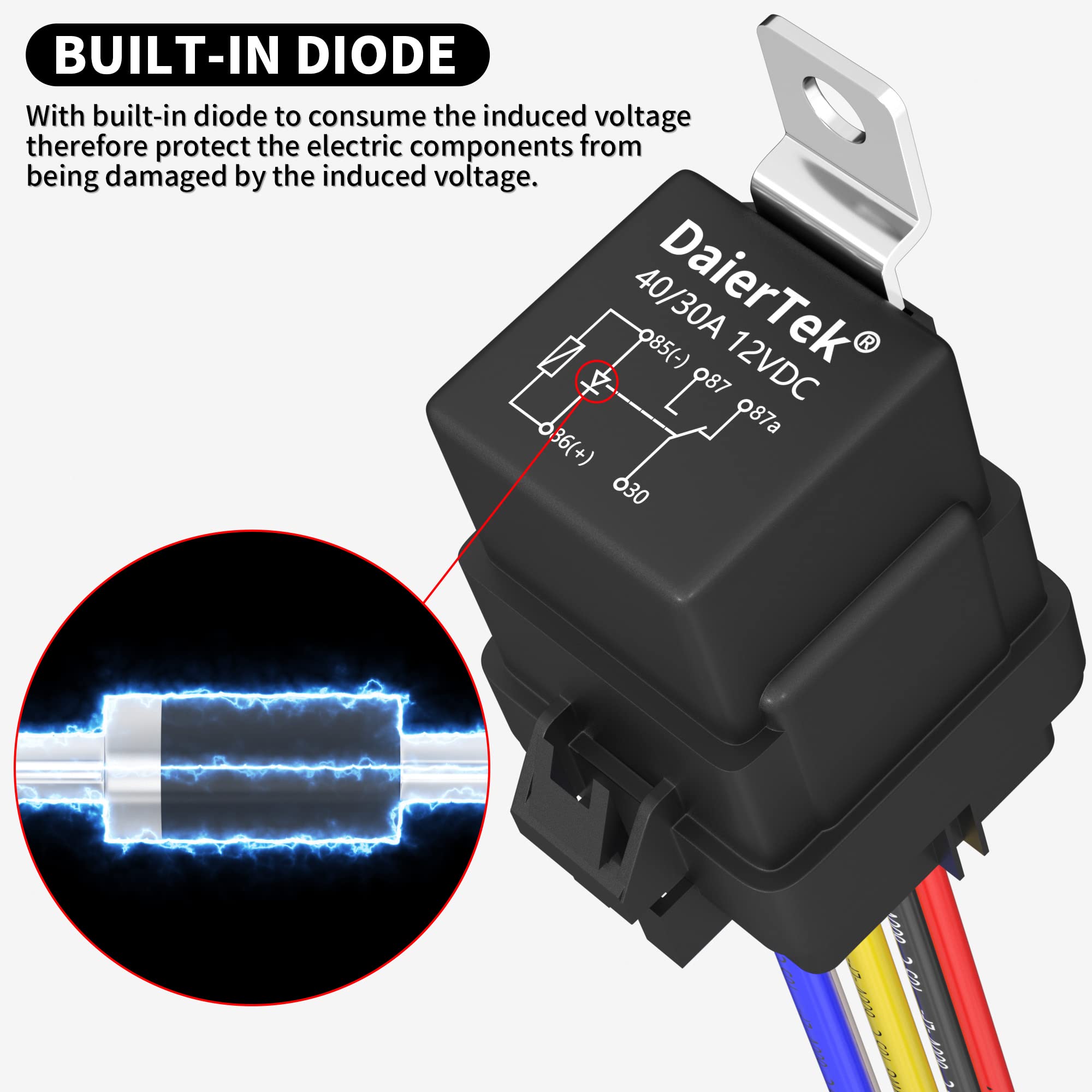 DaierTek 12V Relay with Built-in Diode & 12 AWG Harness Socket 30A/40A Heavy Duty SPDT 5 Pin Relay Switch Waterproof for Automot