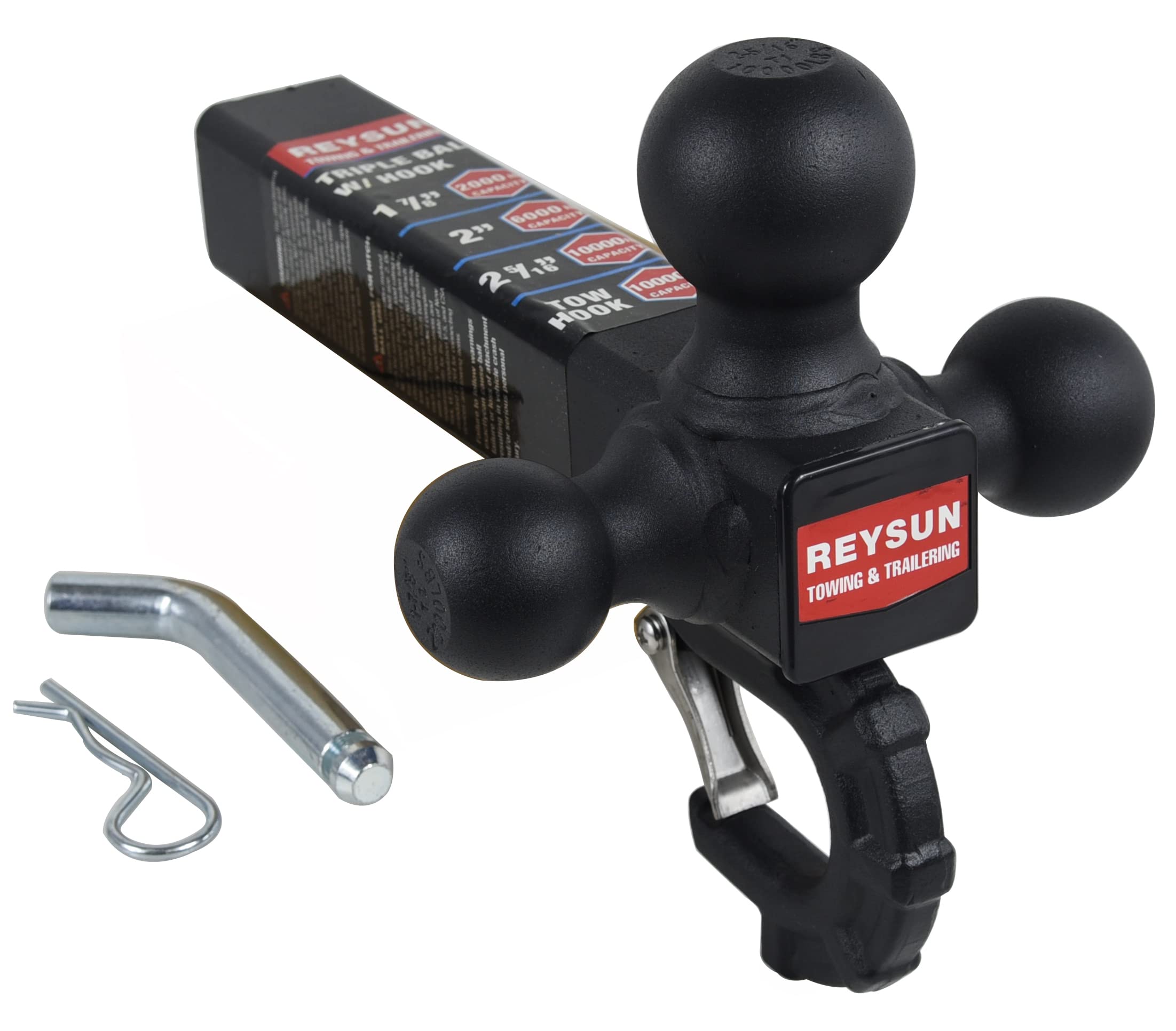 Reysun Trailer Hitch Tri Ball Mount With Hook, Tactical Tow Hook, Fits 2 Inch Hitch Receiver, Secure With Self-Lock Latch, Matt