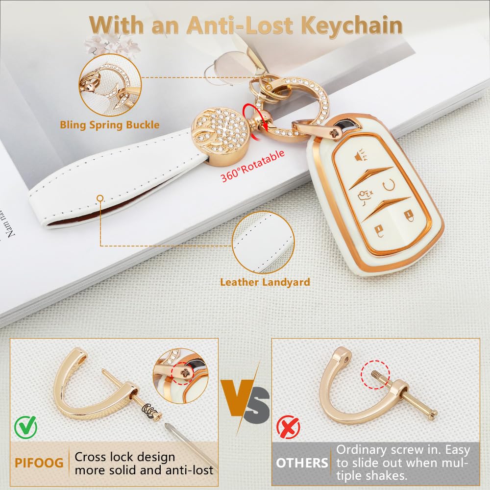 Pifoog Key Fob Cover Accessories For Cadillac Premium Tpu Keys Case Shell Keychain For Cadillac Xt5 Xt6 Xt4 Cts Ct6 Ats Srx Xts Smart Key Covers White Gold Girly Women