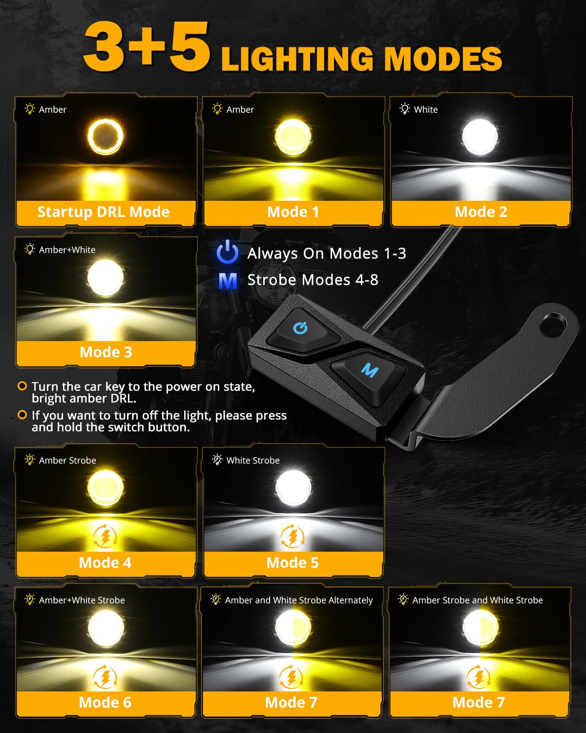 Auxbeam Motorcycle Auxiliary Lights Fog Lights LED Driving Light Spotlight with Halo DRL, White/Amber 8 Modes Dual-Color Strobe