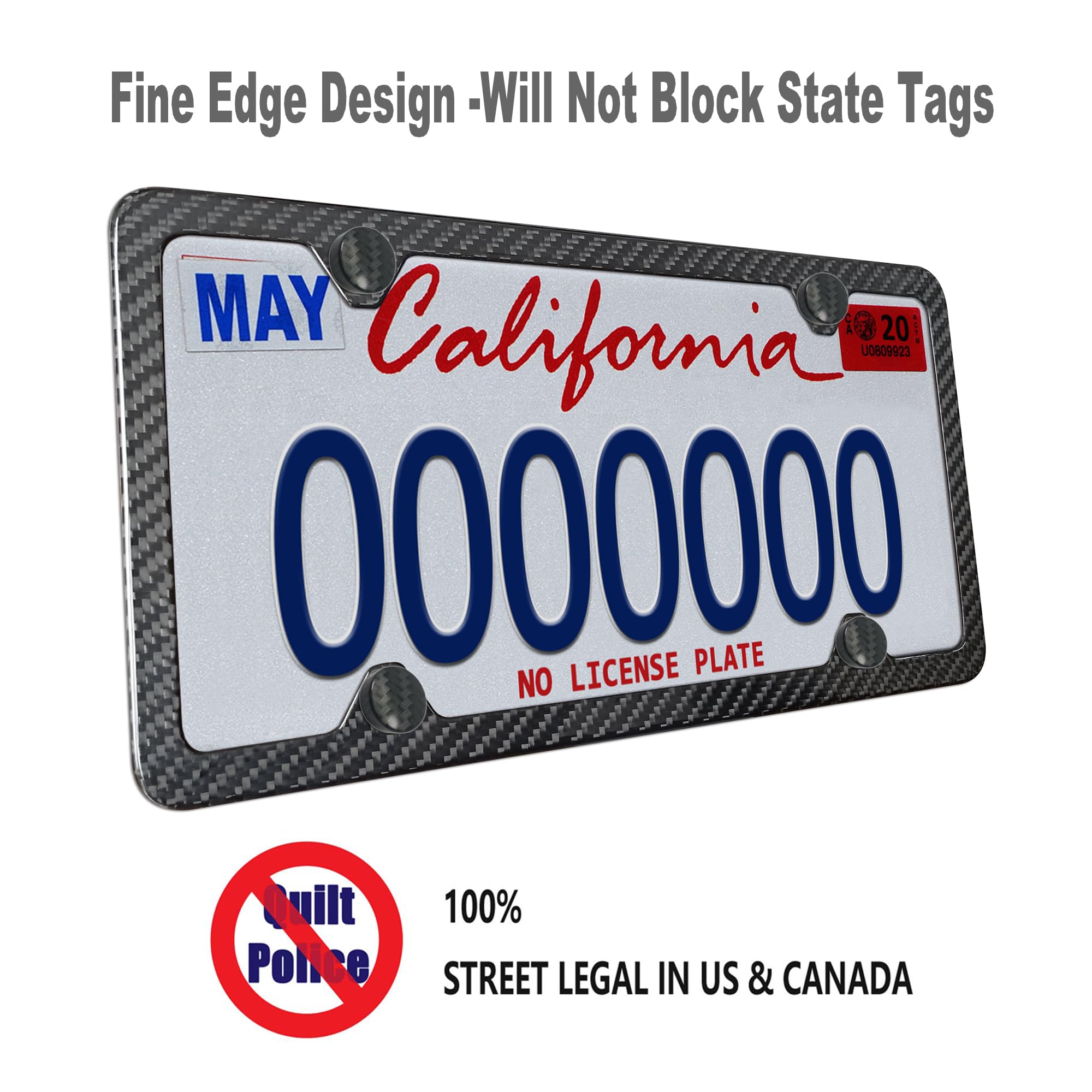 Zxfoog Carbon Fiber License Plate Frame- 100% Handcrafted Real Carbon Fiber Cloth Wrapped Holder, Slim Black Aluminum Car Tag Cover With Stainless Steel Screws Caps, Rattle Proof Pad, 1 Pack 4 Hole