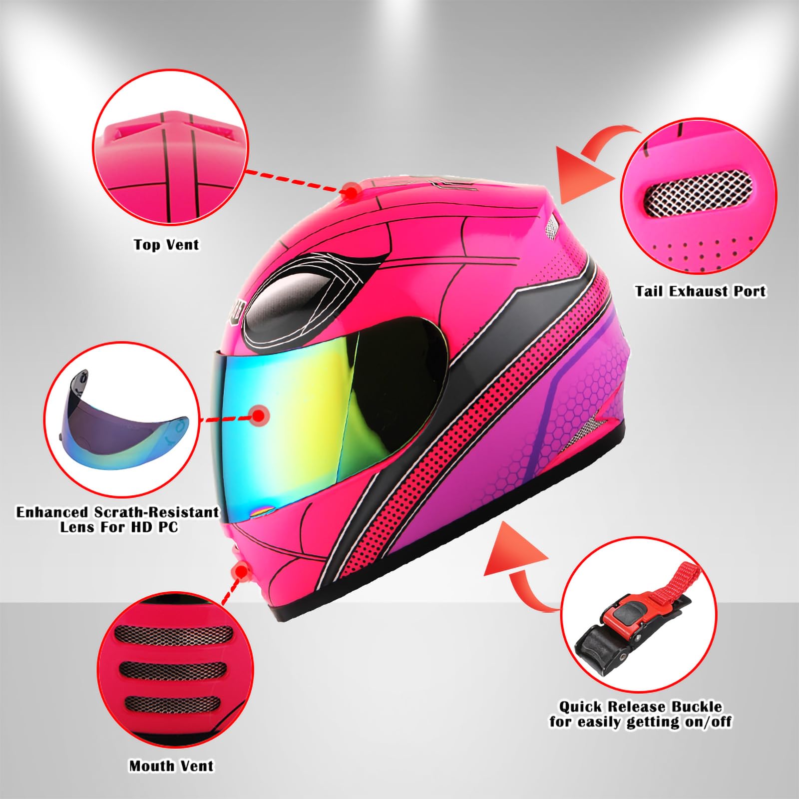 Wow Youth Motorcycle Full Face Helmet Street Bike Bmx Mx Kids Spider Pink + Mx Skeleton Glove Bundle