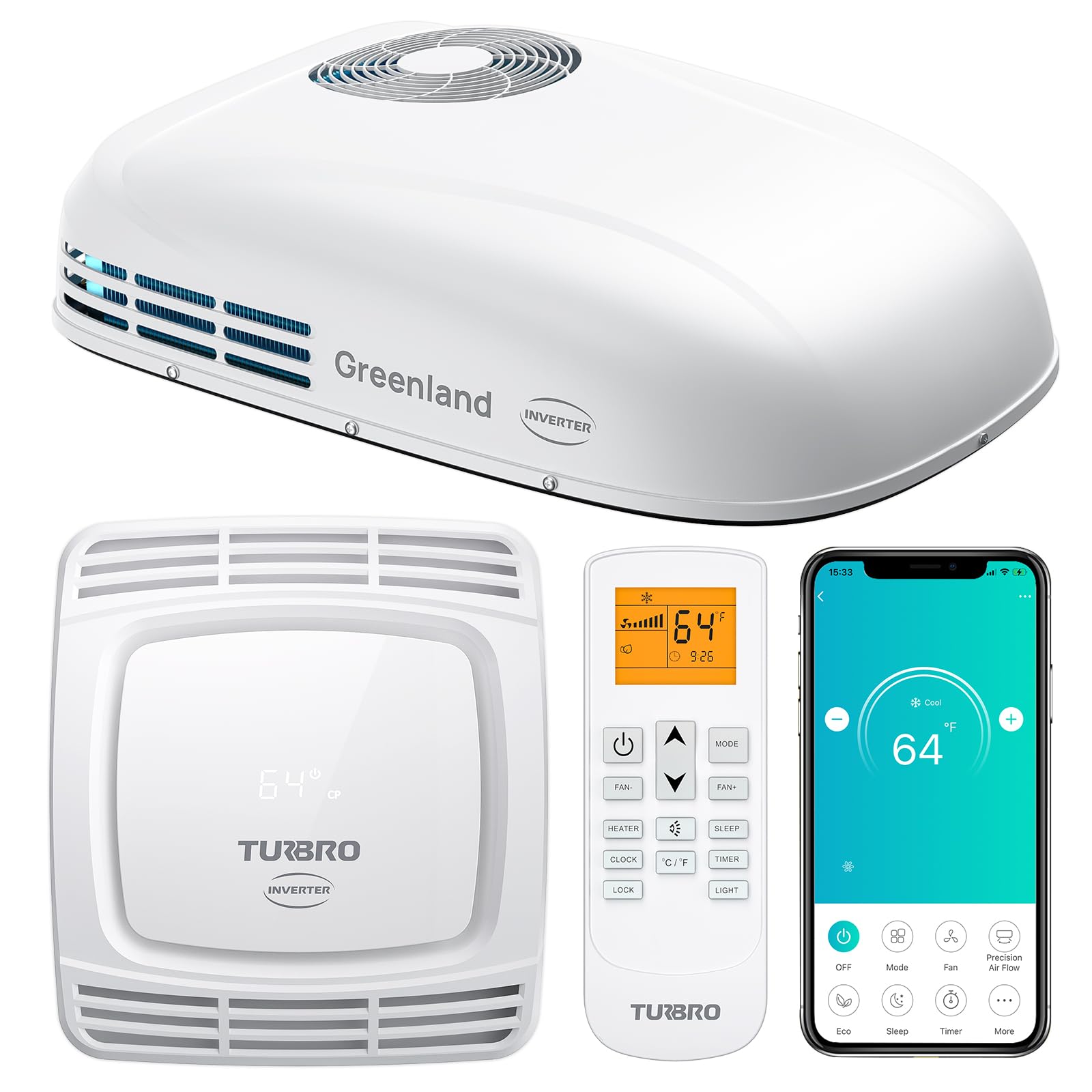 TURBRO Inverter 13.5K BTU RV Air Conditioner with Cooling and Heat Pump | Non-Ducted Low-Profile Rooftop Unit | Quiet Operation 