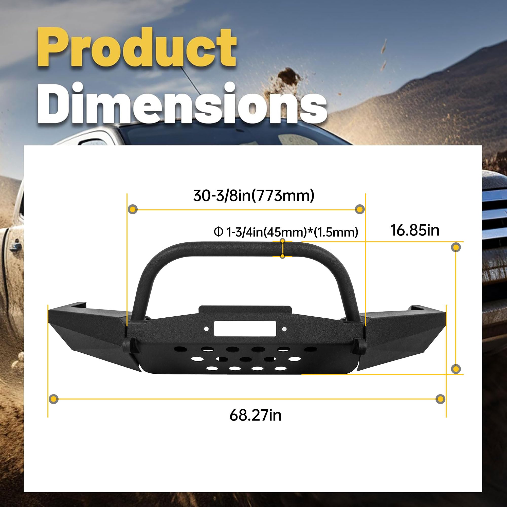 ECOTRIC Front Bumper Compatible with 1998-2011 Ford Ranger W/Winch Plate Bull Bar D-Ring Mounts Bumper Assembly Steel Powder Coa