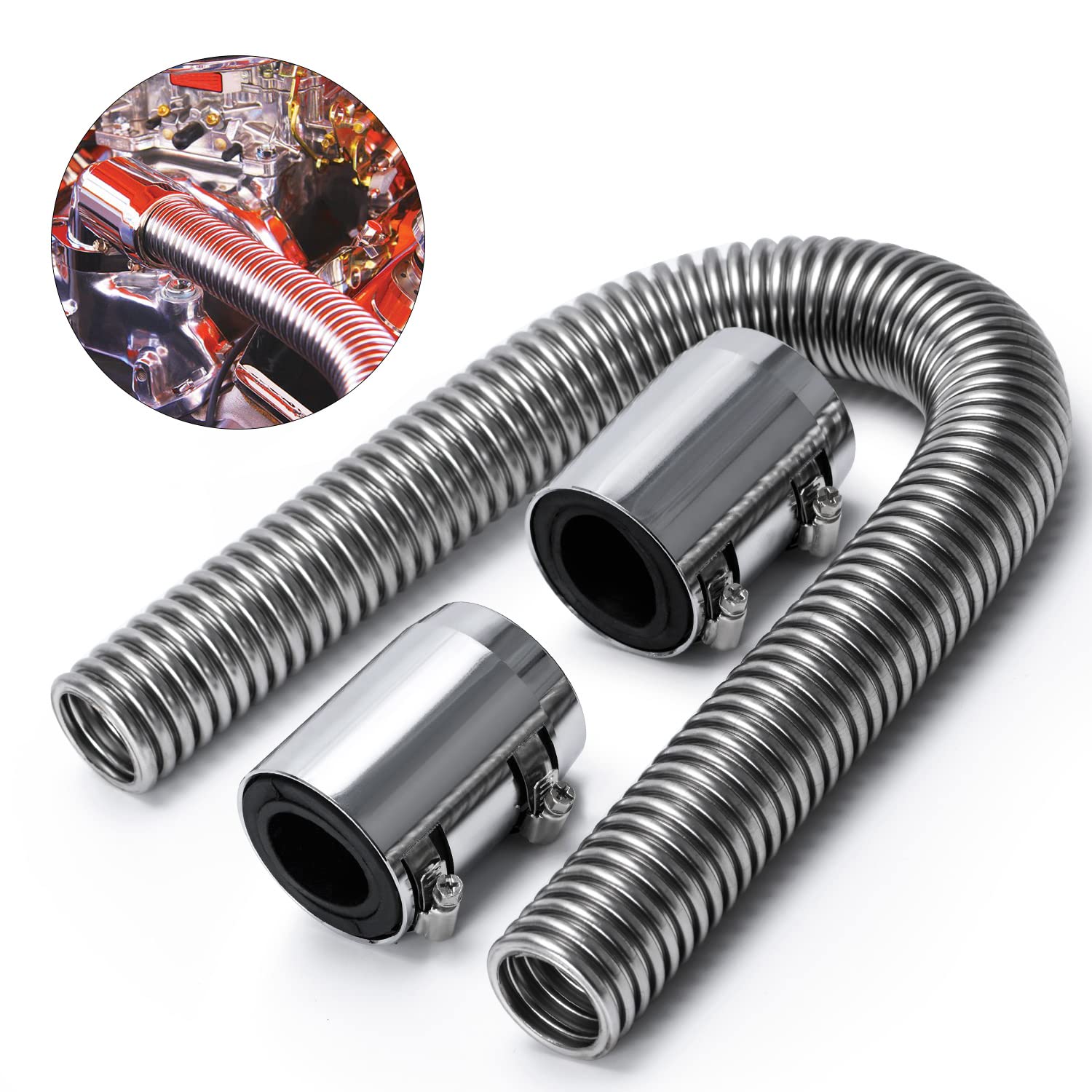 Hypertune Universal 24'' Stainless Steel Radiator Flexible Coolant Water Hose Kit W/ Cap Clamp Silver