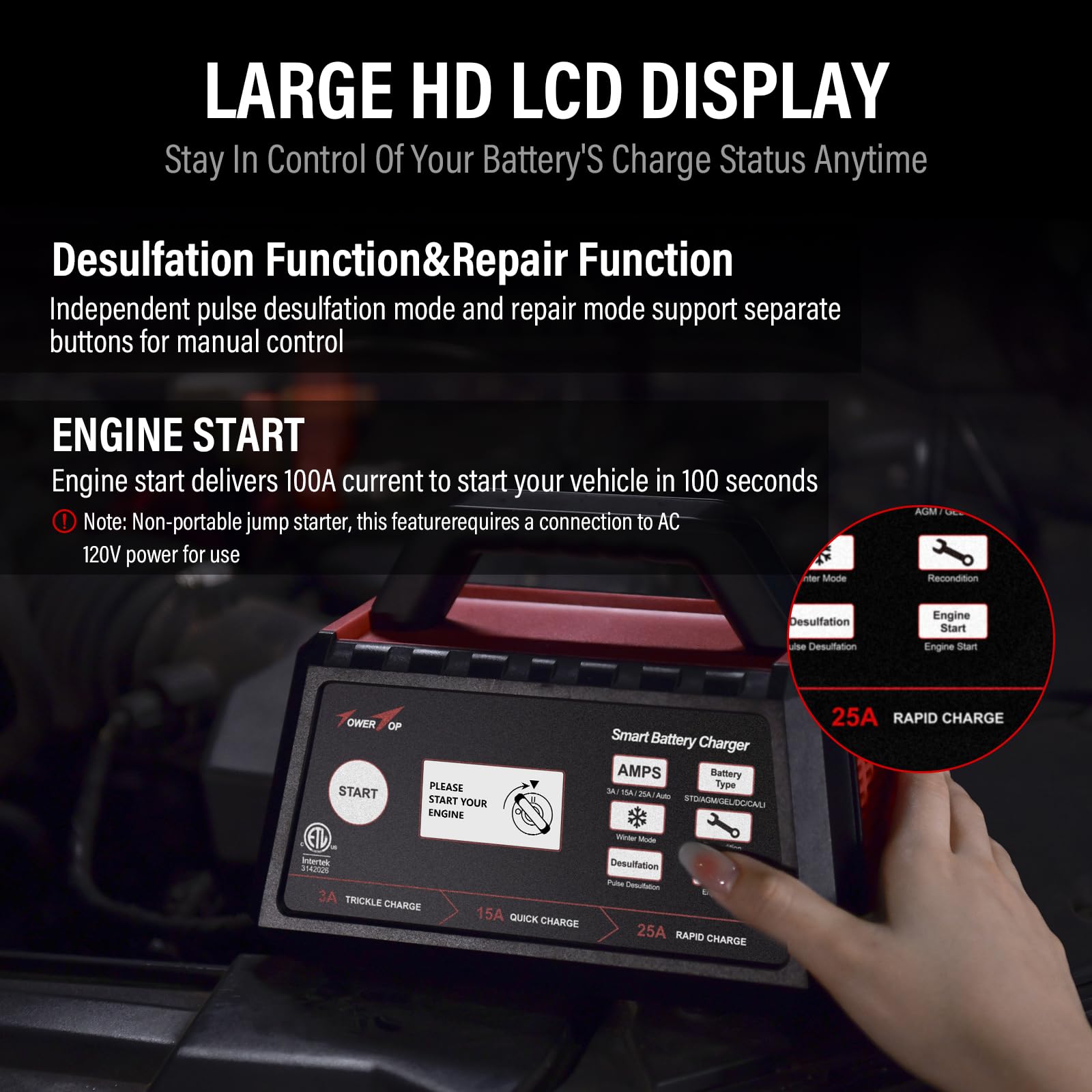 Towertop 3/15/25 Amp Car Battery Charger, 12V Fully Automatic Smart Battery Maintainer With Engine Start, Auto Desulfator, Battery Repair, For All Lead-Acid And Lifepo4 Batteries