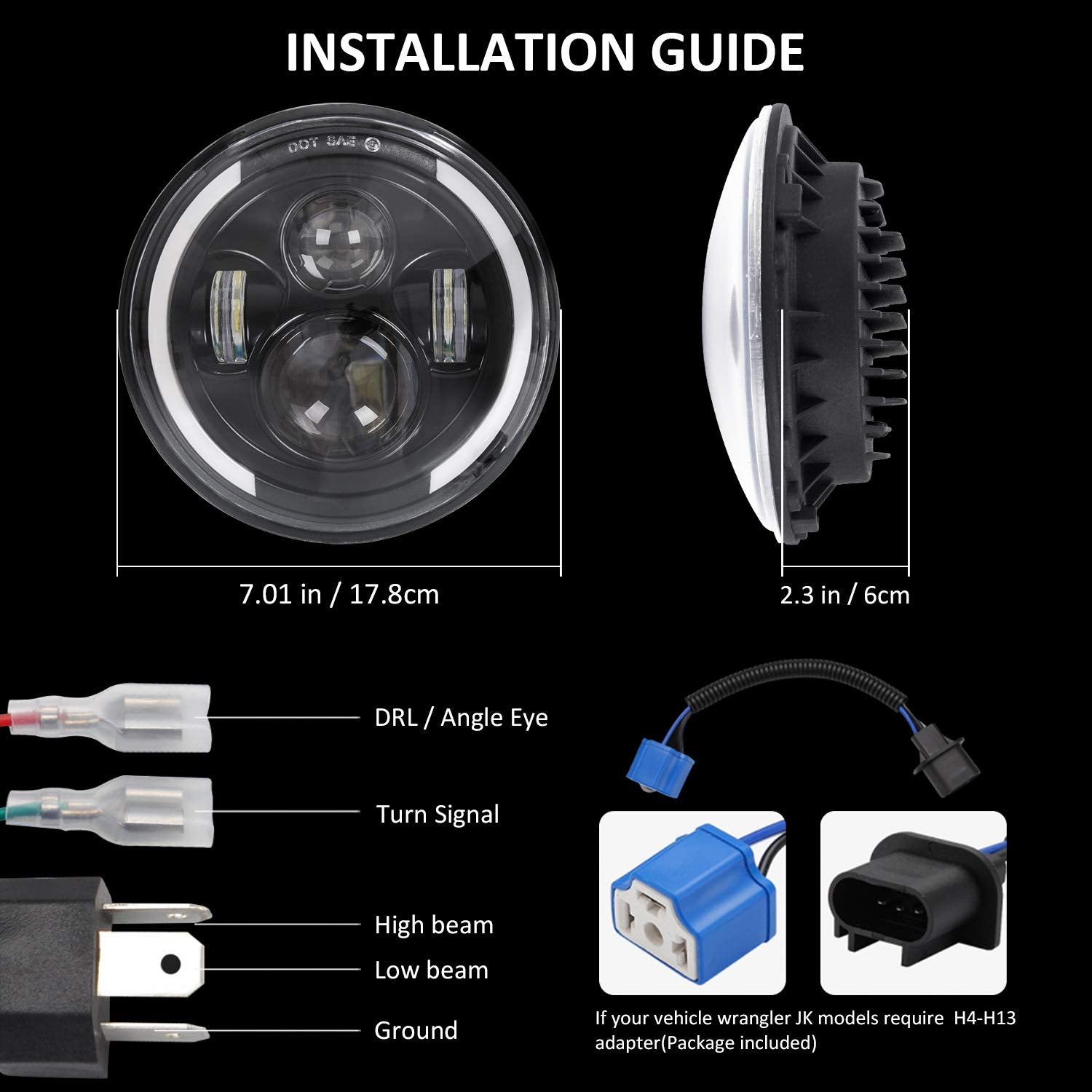 Zmoon 7 LED Motorcycle Headlight with Hi/Low Beam & Amber/White Turn Signal, DOT Approved for Harley-Davidson, Jeep Wrangler, Hummer