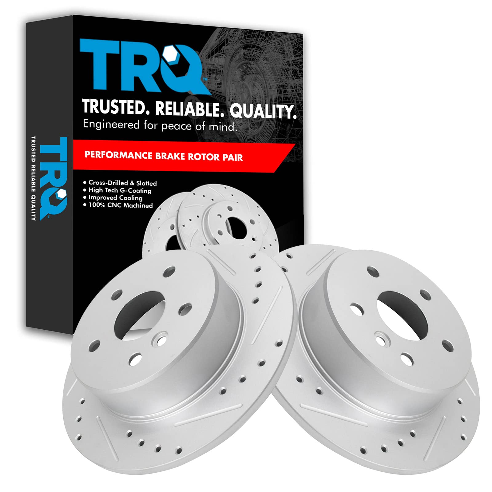 Trq Rear Performance Brake Rotors Set Solid Premium G-Coated Cross Drilled & Slotted Compatible With 2000-2004 Toyota Avalon
