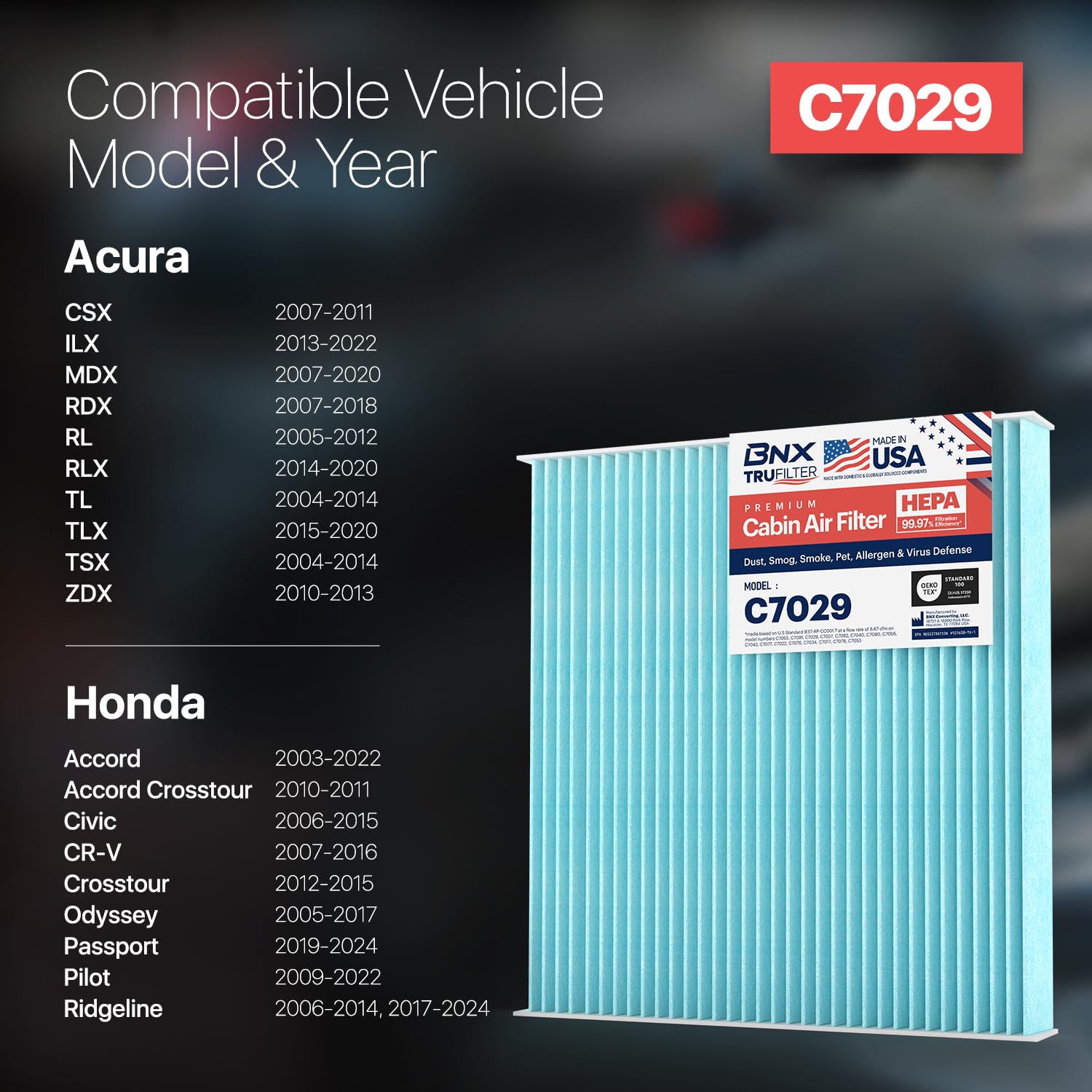 Bnx Trufilter C7029 Cabin Air Filter, Hepa 99.97%, Compatible With Honda: Accord, Civic, Crosstour, Cr-V, Odyssey, Passport, Pil