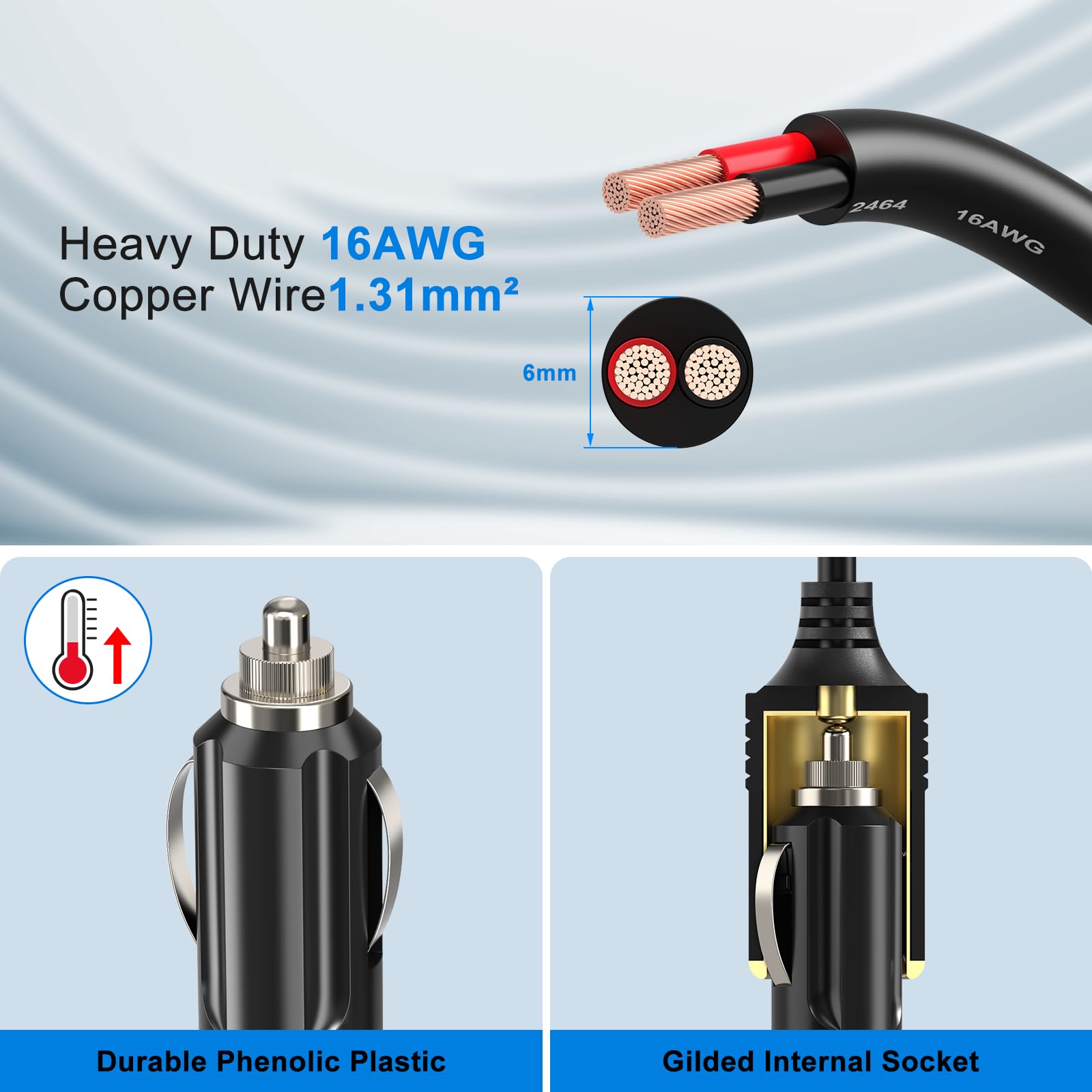 Amacam 12V/24V Car Charger Extension-Heavy Duty 19.68Ft Cable With Inline Cigarette Lighter Socket. Suitable For Tire Inflators