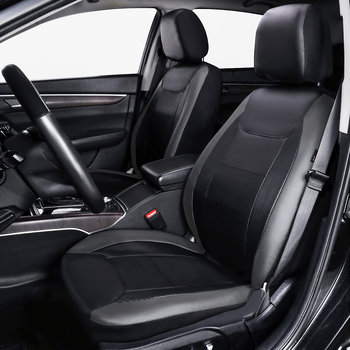 Flying Banner Car Seat Covers Protects Water Proof Faux Leather Carbon Fiber Front And Rear Bench (Gray Black, Full Set -- 9Pcs)