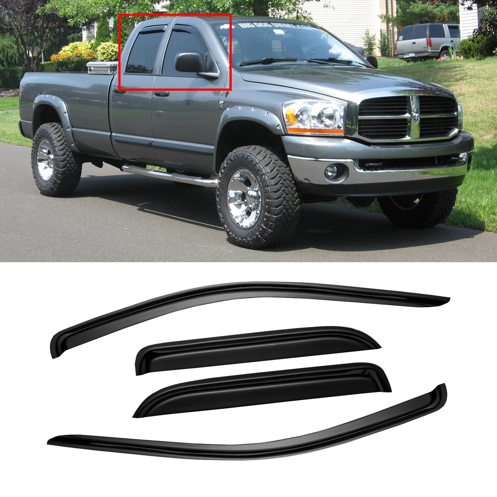 Window Visor For 2002-2008 Dodge Ram 1500 Quad Cab/Extended Cab/ 03-09 Dodge Ram 2500 3500, Out-Channel Rain Guards Shields Vent