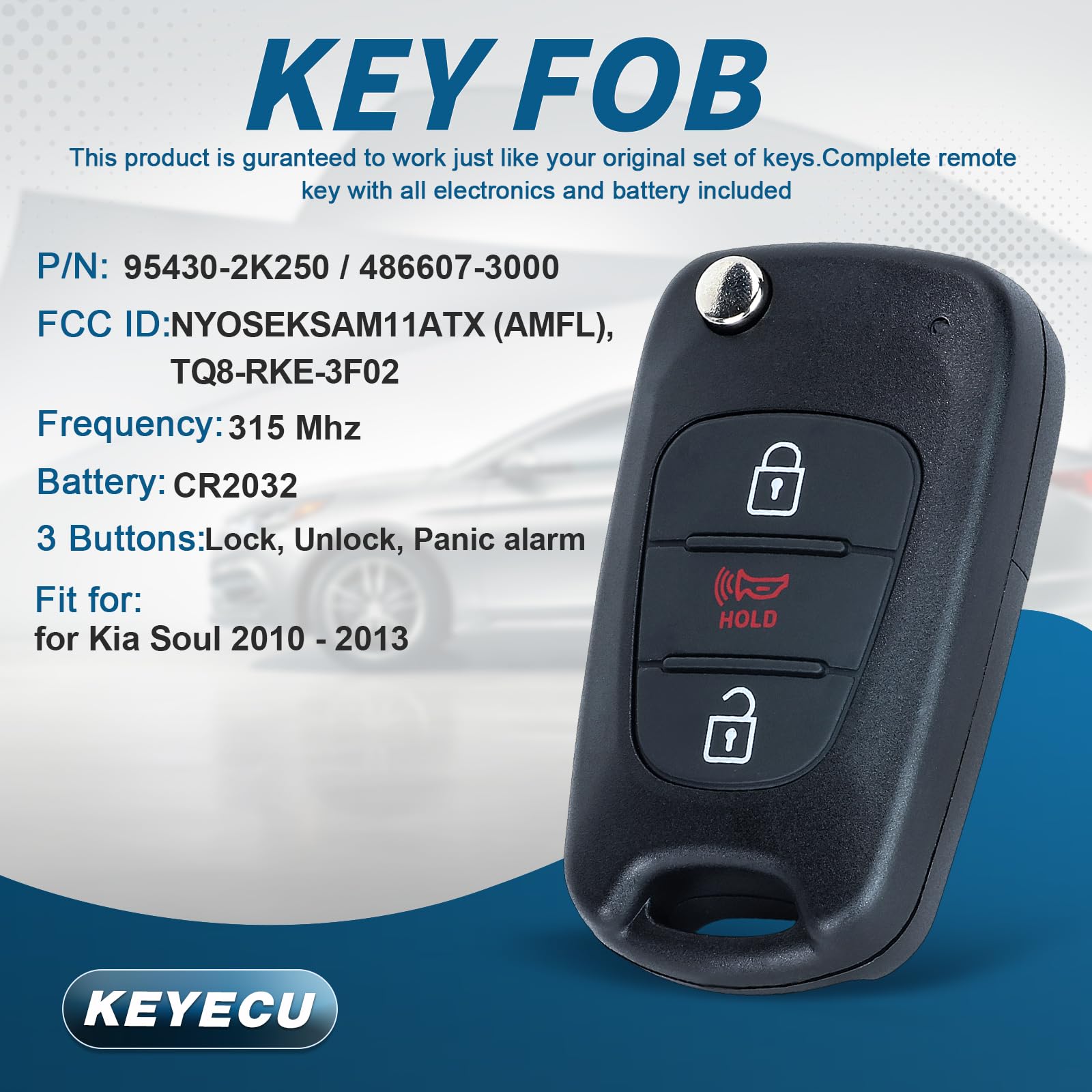 Keyecu Replacement Remote Key Fob For Kia Soul 2010 2011 2012 2013 Id46 315Mhz Fcc Id: Nyoseksam11Atx(Amfl) / 95430-2K340 Black