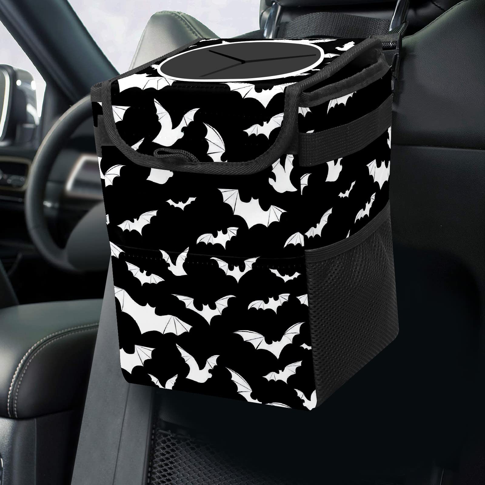 Black And White Goth Bats Car Trash Can With Lid Collapsible Reusable Waterproof Car Garage Bag,Automotive Garbage Can,Car Acces
