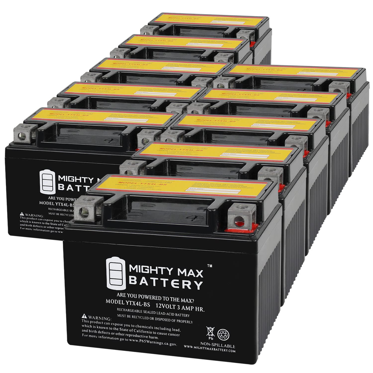 Mighty Max Battery Ytx4L-Bs 12 Volt 3Ah Motorcycle Battery Replaces Ytx4L-Bs - 10 Pack