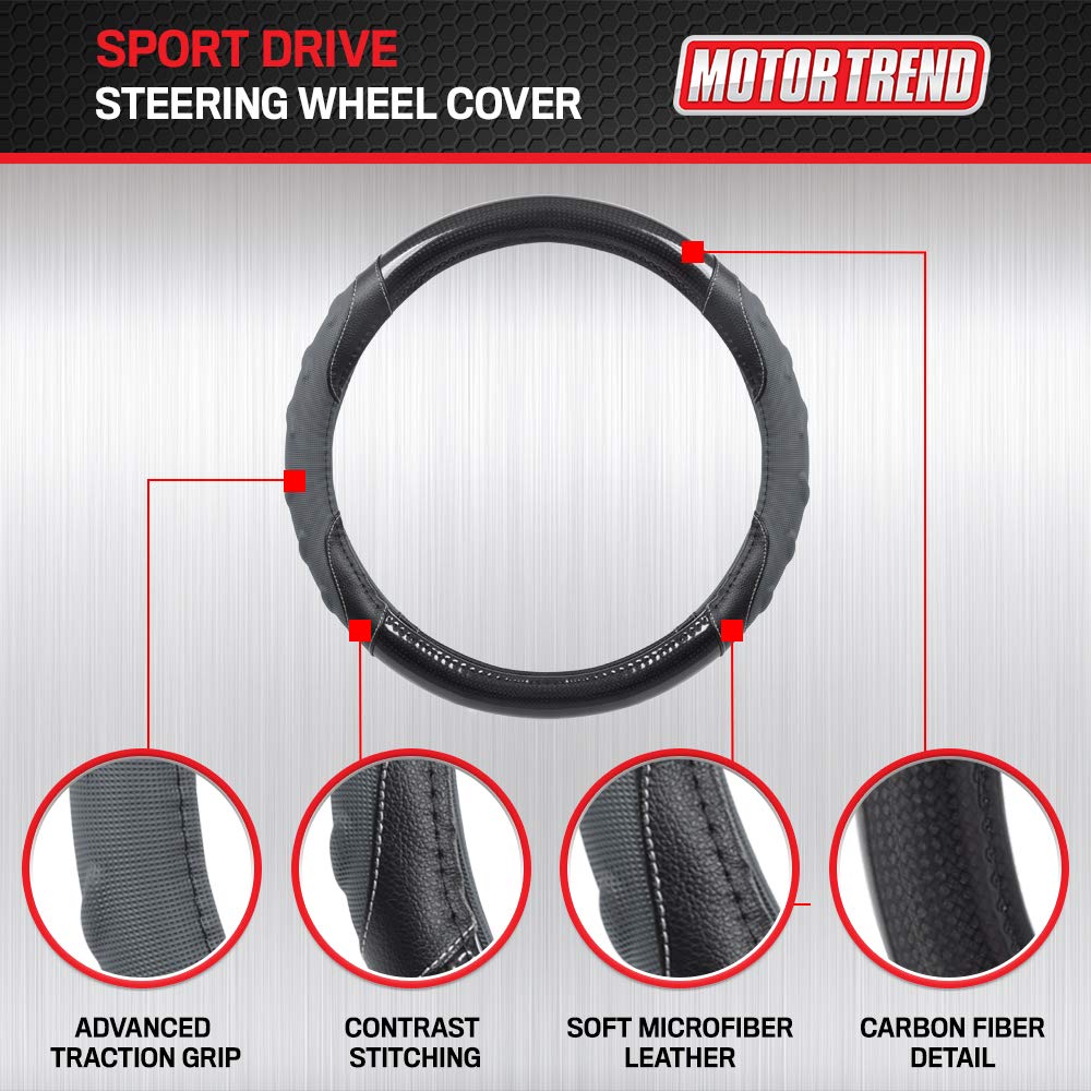 Motor Trend Gripplus Black Carbon Fiber Steering Wheel Cover, Standard 15 Inch Size, Advanced Traction Grip, Car Steering Wheel