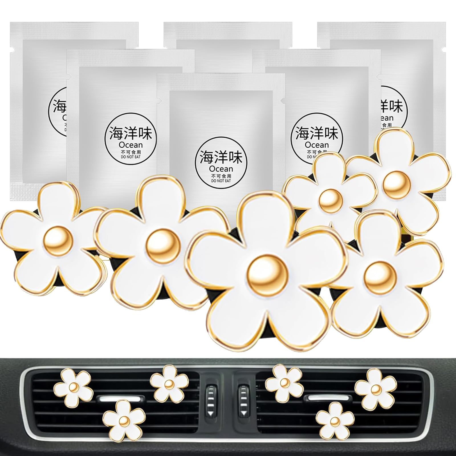 6 Pcs White Daisy Flower Air Freshener Outlet Clip Cars Conditioning Perfume Clips Charm Car Interior Decor Accessories For Wome
