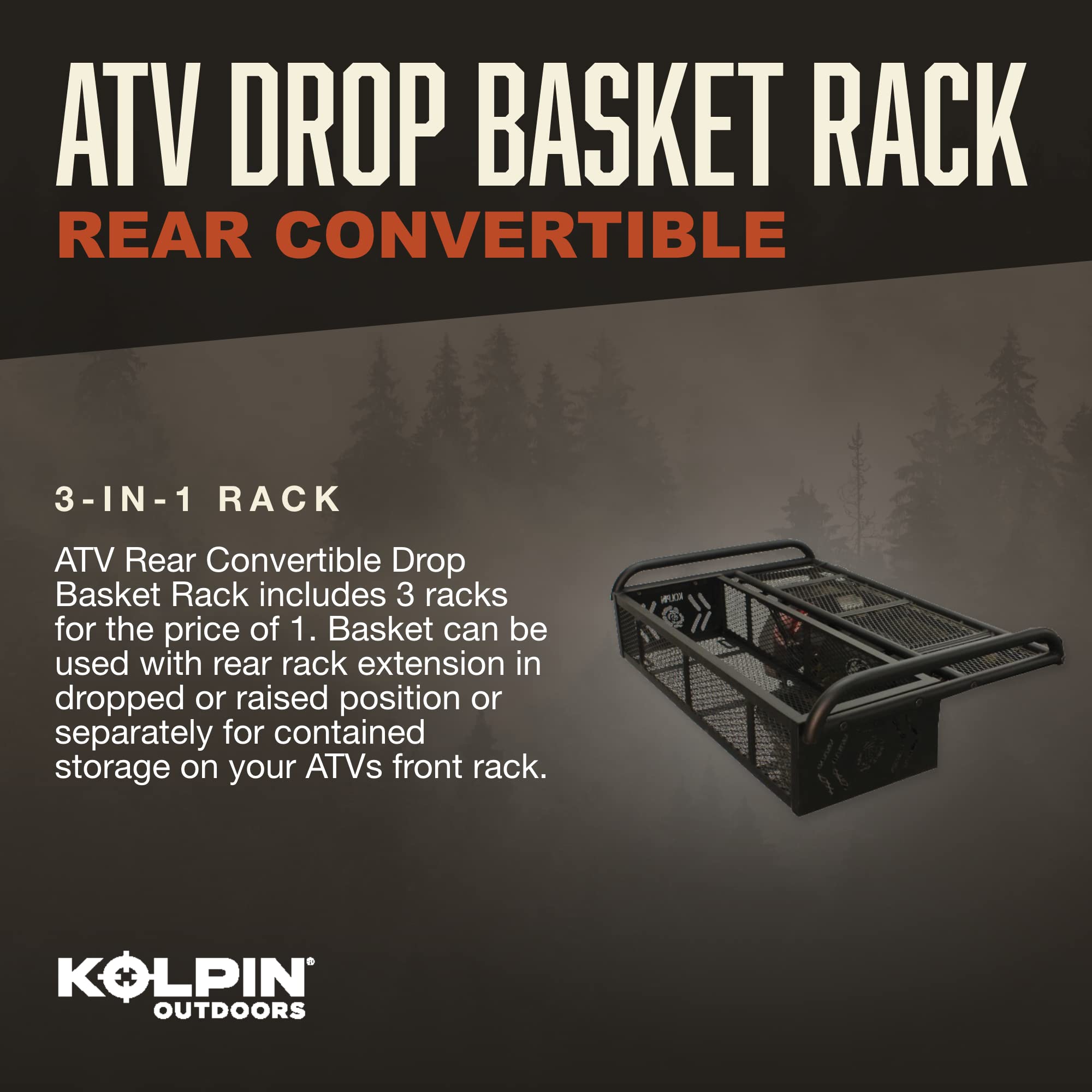 Kolpin 53350 ATV Rear Drop Rack Basket Convertible 3-in-1, Black, 43'' l x 31'' w x 10'' h