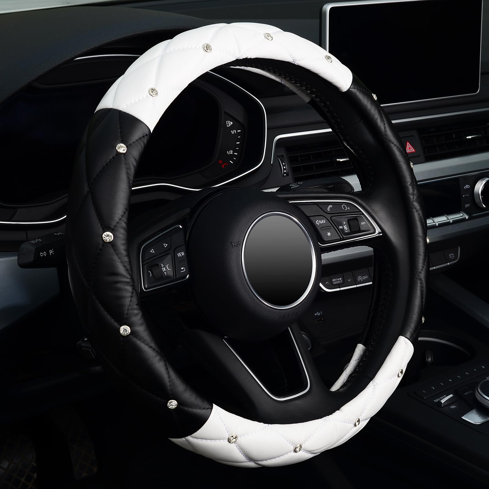Kafeek Diamond Soft Leather Steering Wheel Cover With Bling Bling Crystal Rhinestones, Universal 15 Inch, Black White