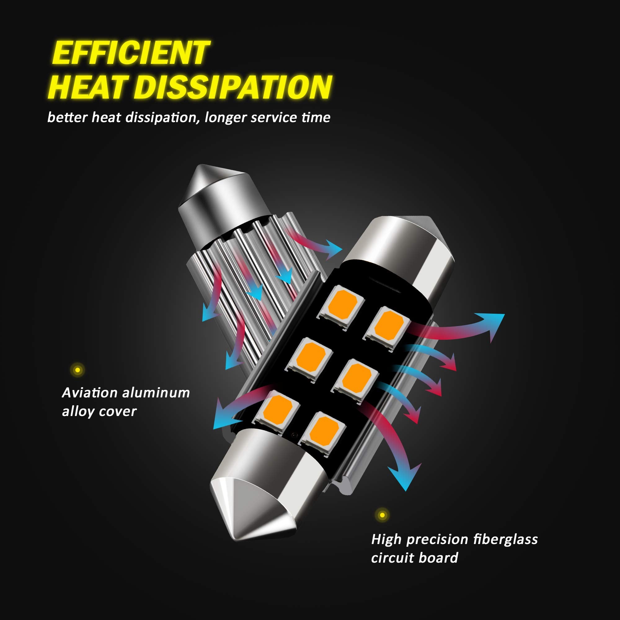 Auxlight 6418 6411 De3425 C5W De3423 36Mm 1.42Afestoon Canbus Error Free Led Interior Light Bulbs Amber Yellow, Super Bright 6Sm