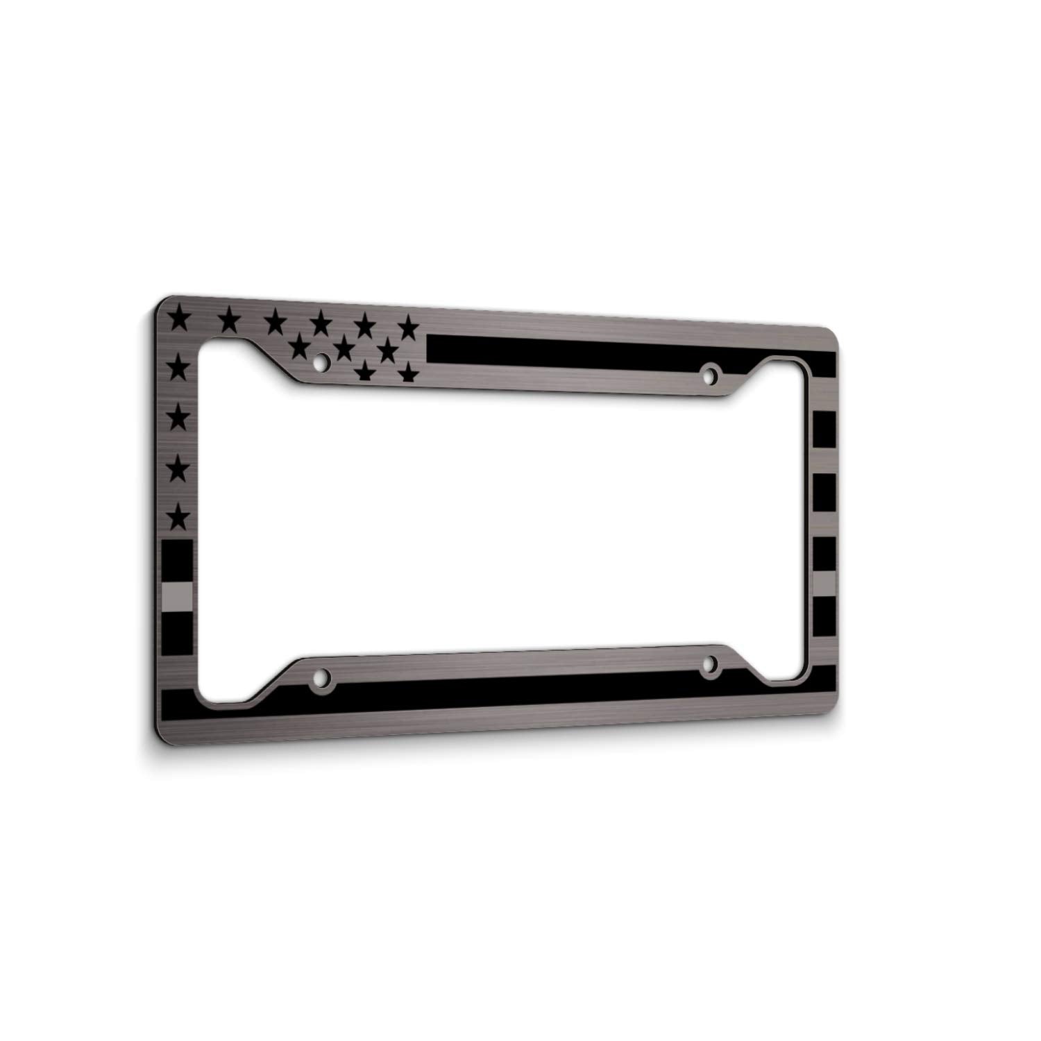 American Flag License Plate Frame - Thin Gray / Silver Line- Car Tag Frame -Gray On Brushed Correctional Officers
