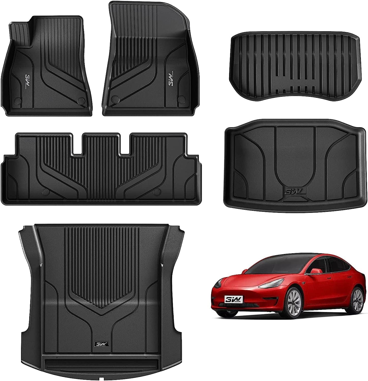 3W Tesla Model 3 Floor Mats And Trunk Mat, All-Weather Tpe Floor Liner Compatible For Tesla Model 3 2021-2023, Full Set Black Fl