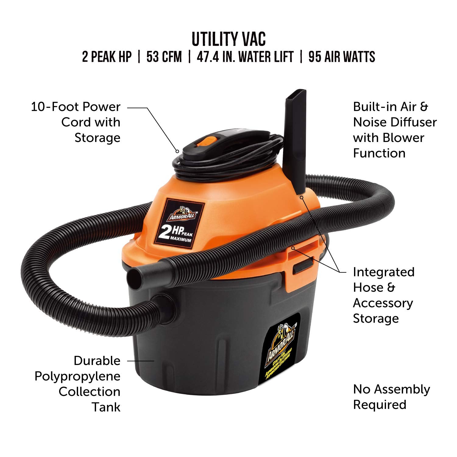 Armor All, Aa255 , 2.5 Gallon 2 Peak Hp Wet/Dry Utility Shop Vacuum , Orange
