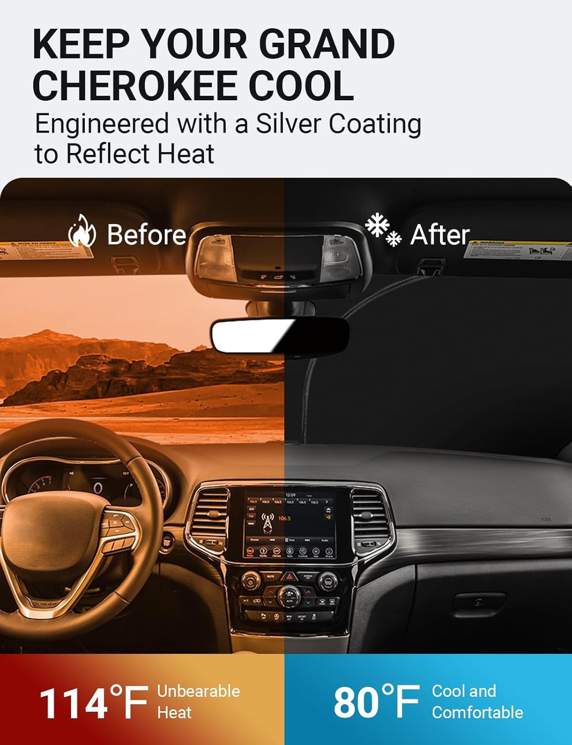 Front Windshield Sun Shade Foldable Sunshade Protector Custom Fit 2014-2023 2024 2025 Jeep Grand Cherokee Suv, Laredo Limited Trailhawk Overland Altitude Summit Accessories 2025 Upgrade