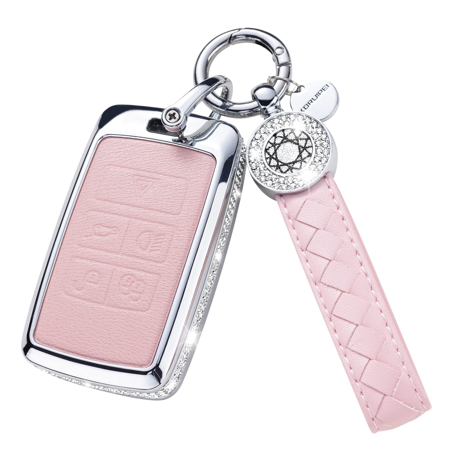 Ruabiban For Land Rover Key Fob Cover With Keychain, Pink Genuine Leather Crystal Key Case Protection Shell Compatible With Land